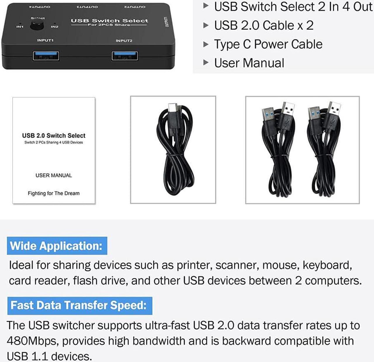 Alt view image 5 of 7 - USB Switch Selector 4 Port 2 Computers Peripheral Switcher Adapter Hub for PC Printer Scanner Mouse Keyboard with One Button Switch and 2 Pack USB Male Cable