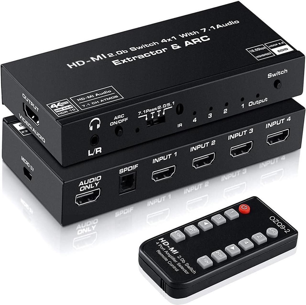 HDMI Switch 4x1 with Audio Extractor, 4K@60Hz Ultra HD HDMI Switcher with Optical TOSLINK SPDIF, 3.5mm Audio Support ARC Function, 3D, 1080P @120Hz, 4Kx2k @60Hz HDTV (IR Wireless Remote Control)