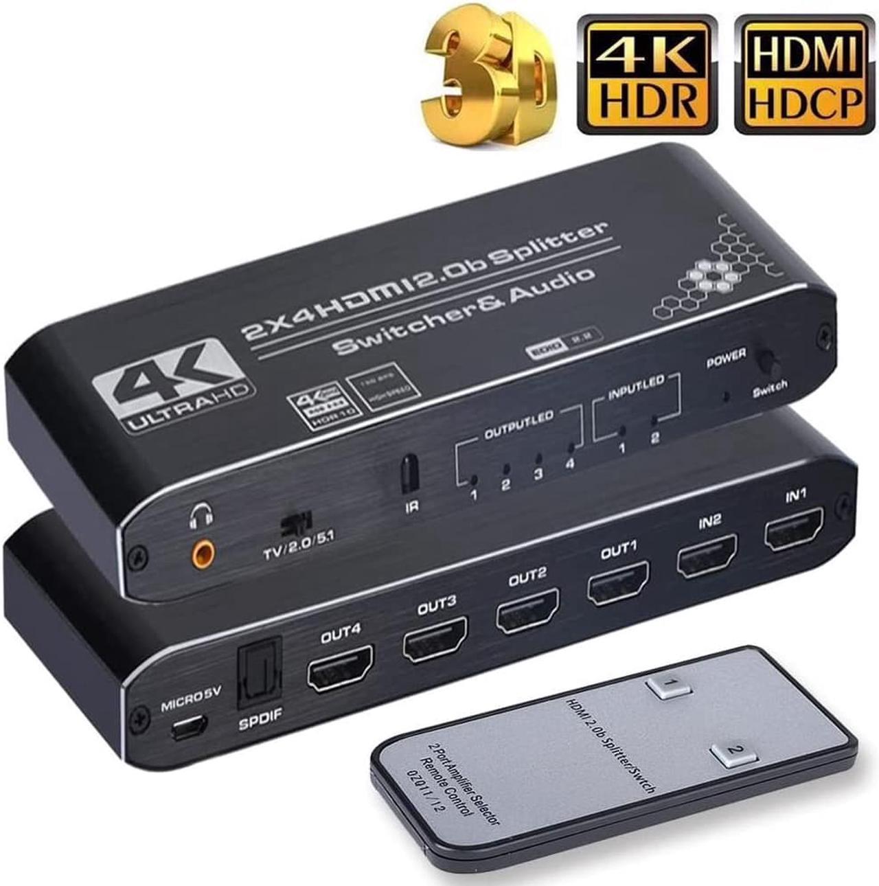 HDMI Switch Splitter with Audio Extractor 4K@60Hz Optical 3.5mm Audio Out 4K HDMI Switcher 2 in 4 Out HDMI Audio Splitter Converter IR Remote Control Support HDCP 2.2, HDMI2.0b, RGB4:4:4, 4K HDR