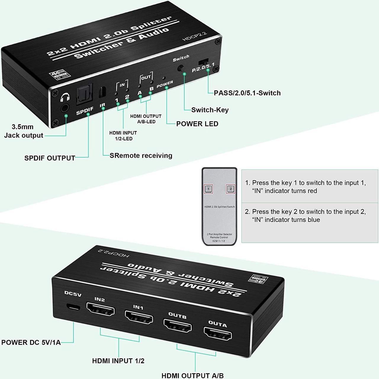 Alt view image 2 of 7 - 4K 60Hz 2 x 2 HDMI Switch Splitter Audio Extractor with IR Remote Control HDMI 2.0b Switcher Support 18Gbps 4K x 2K 3D HDCP 2.2 HDMI Splitter Hub Port Switches for PS4 Xbox Apple TV Fire