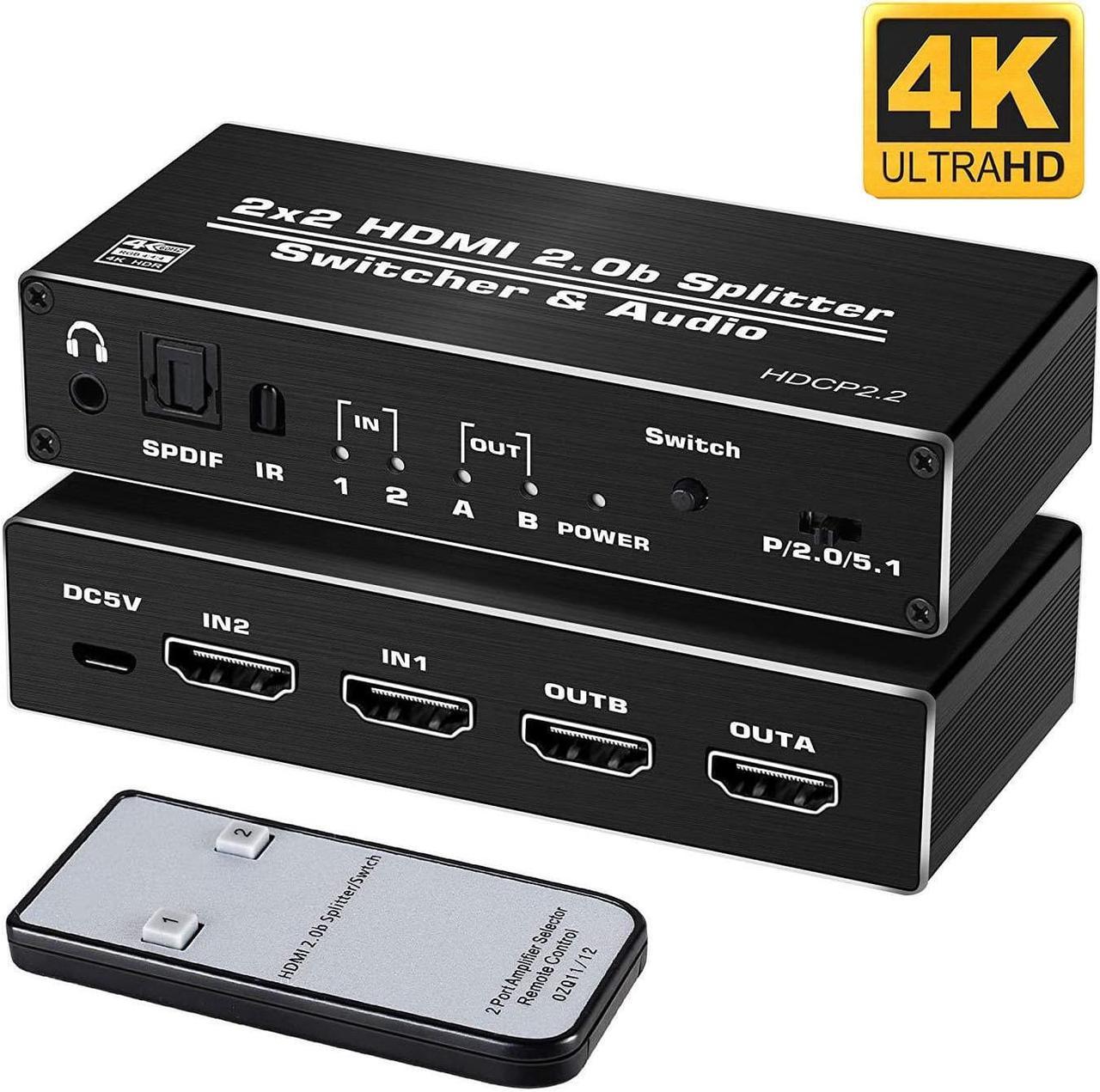 4K@60Hz 2x2 HDMI Switch Splitter Audio Extractor with Optical Toslink SPDIF/3.5mm Audio Out, 2 Ports HDMI 2.0b Switcher with Remote Control Support HDCP 2.2, HDMI2.0b, 4K@60HZ, RGB4:2:2, 4K HDR