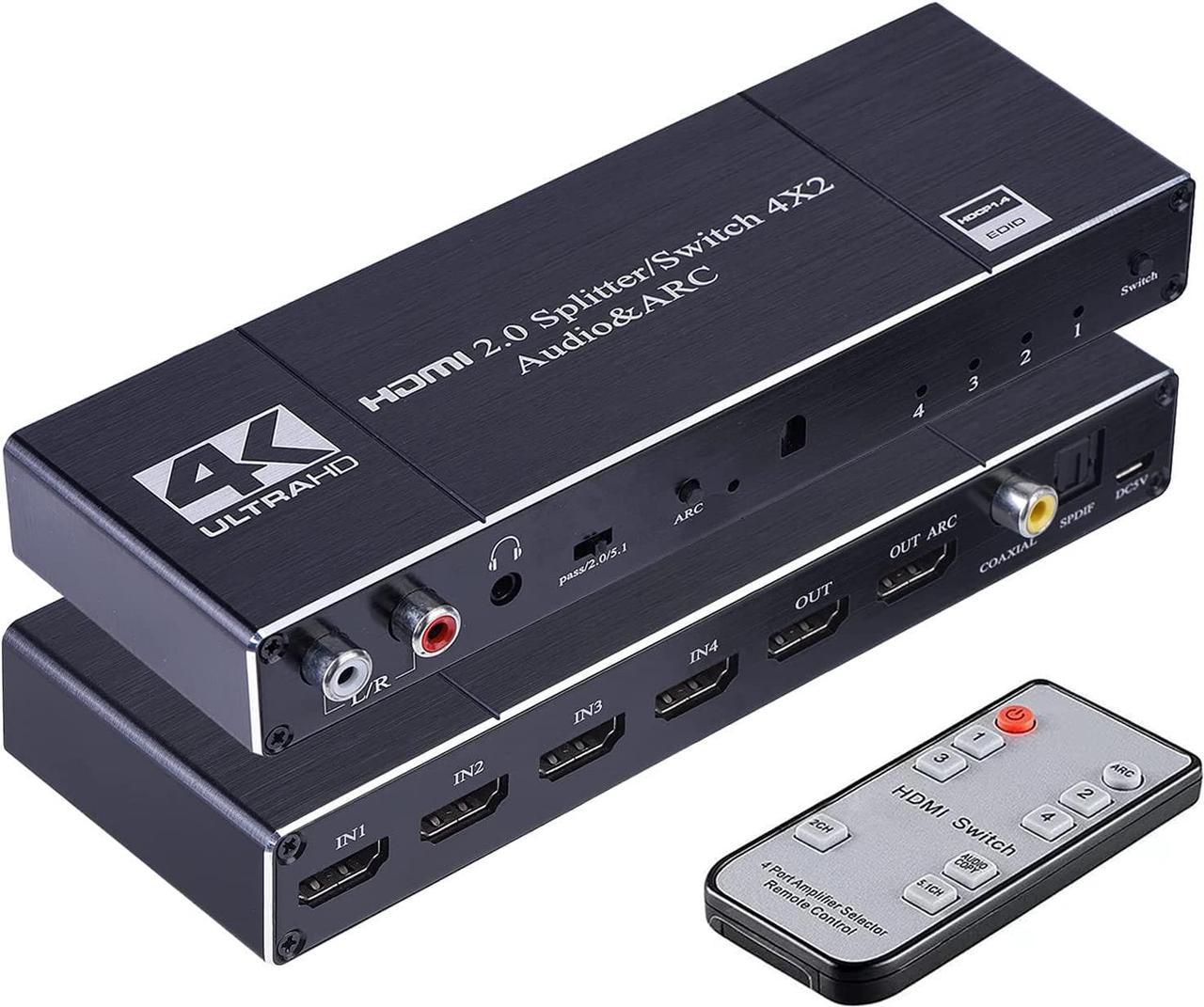 4In 2Out HDMI Switch Audio Extractor with Remote Control HDMI 2.0b Switcher with Optical TOSLINK SPDIF, R/L 3.5mm Audio, Coaxial Out Support ARC Function 6Gbps 4Kx2K@60Hz 3D HDCP 2.2 HDMI Splitter