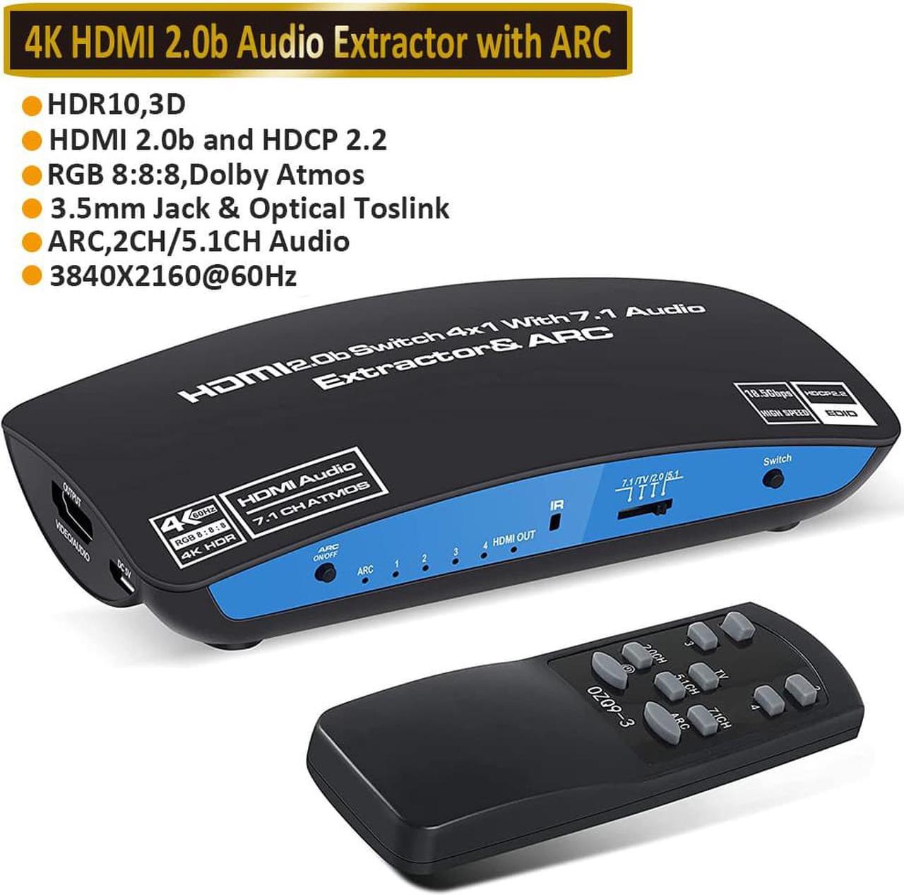 HDMI Switch 4x1 with Audio Extractor, 4K@60Hz Ultra HD HDMI Switcher with 7.1CH atmos, TOSLINK SPDIF, 3.5mm Audio Support ARC Function, HDCP 2.2, RGB 8:8:8(7.1CH Dolby atmos),EDID,HDR 10, OZQ9-1