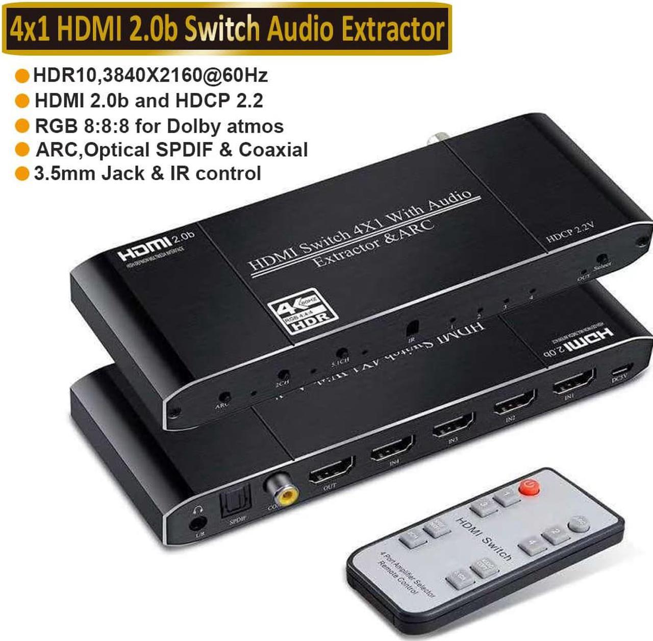 4K@60Hz 4x1 HDMI Switch Audio Extractor with Optical Toslink SPDIF/Coaxial/3.5mm Audio Out, 4 Ports HDMI 2.0b Switcher with Remote Control Support ARC, HDCP 2.2, 3D, for Xbox, Fire Stick, PS5