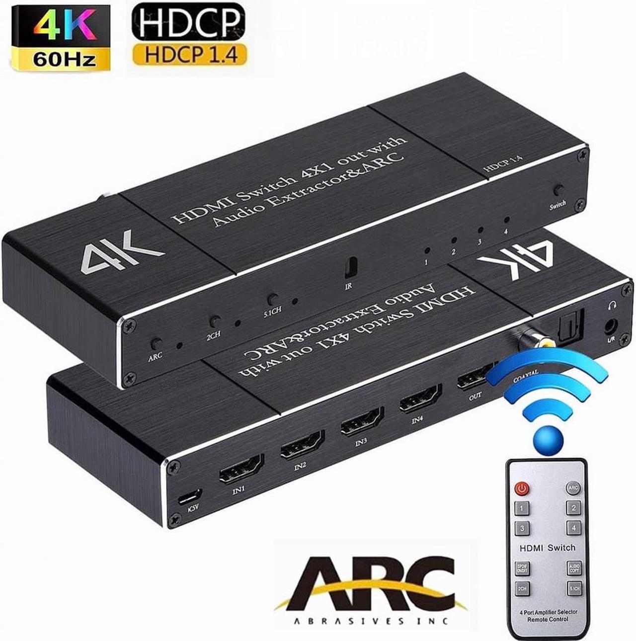 4 in 1 Out HDMI Switch with Audio Extractor 4K 60Hz Optical + 3.5mm AUX +  Coaxial Output, HDMI Switcher Audio Splitter Converter IR Remote Support ARC HDCP2.2 1080P 3D Dobly Atmos,EDID,HDR10, OZQ7