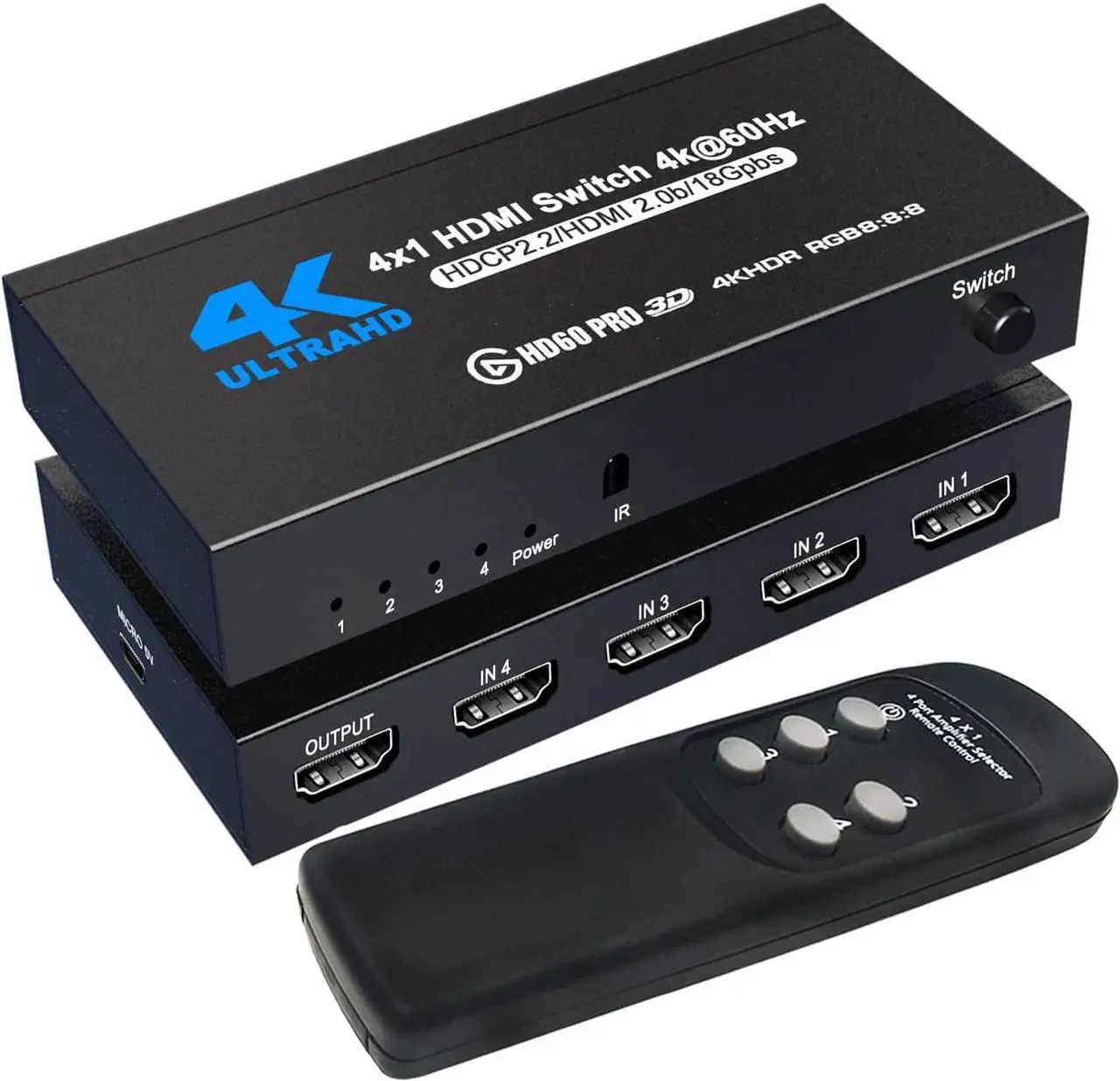 Main image of HDMI Switch 4K 60Hz HDMI Splitter- HDMI Switcher Splitter 4 Input 1 Output, Support 4K 3D 1080P for Xbox PS4 Roku HDTV Fire Stick Blu Ray(IR Remote)