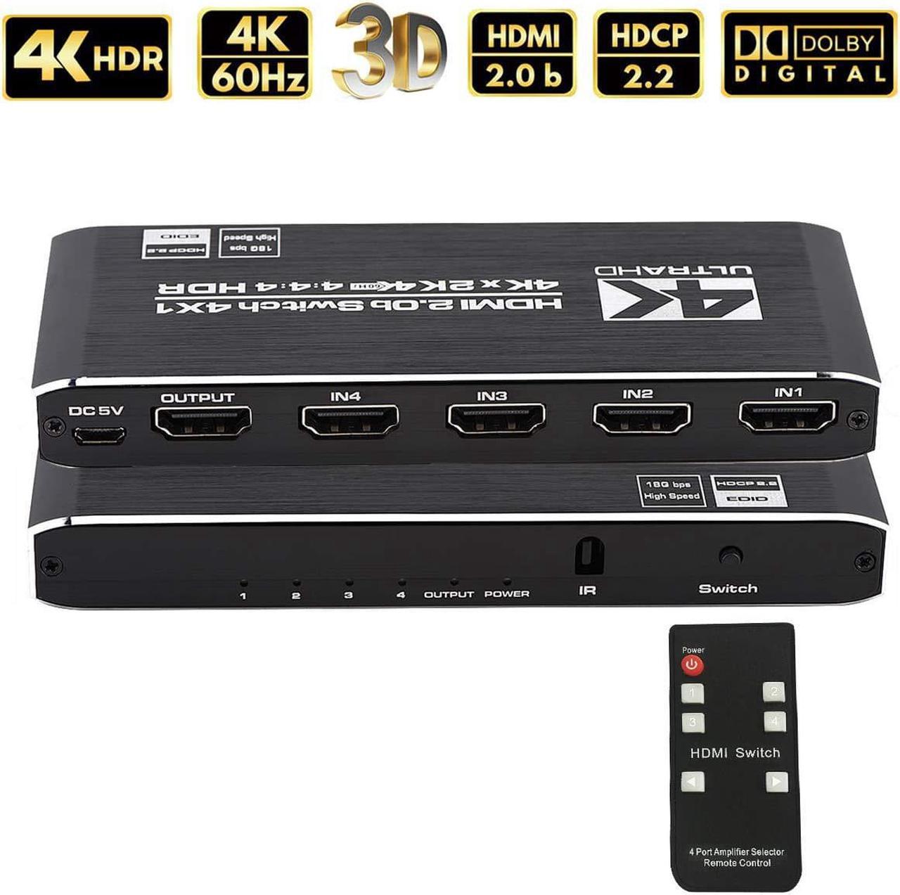 HDMI Switch 4x1 HDMI Switcher 4 in 1 Out HDMI Switch Selector 4 Port Box with IR Remote Control Support 4K@60Hz 3D HDR10 HDCP2.2 YUV444/RGB888