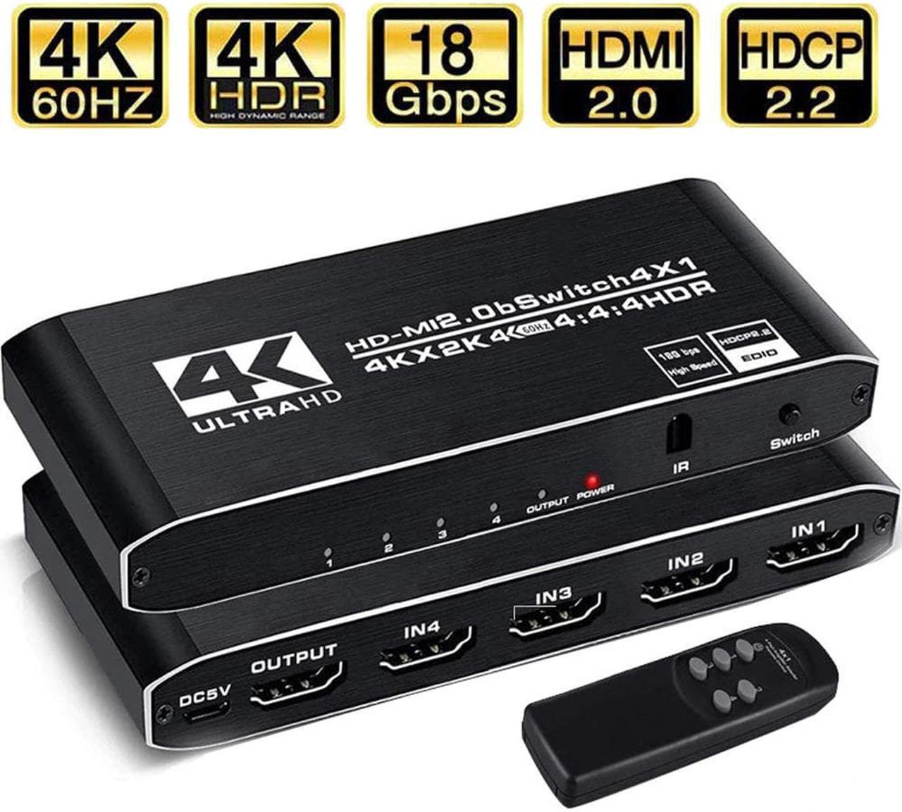 4K@60Hz HDMI Switch 4 in 1 Out 4K@60Hz, HDMI Splitter with Remote 4 Port HDMI Switcher Selector Support 3D 4K HDR10 HDCP2.2 YUV444/RGB888 for PS5/4/3 Xbox Nintendo Switch Roku TV Fire Stick