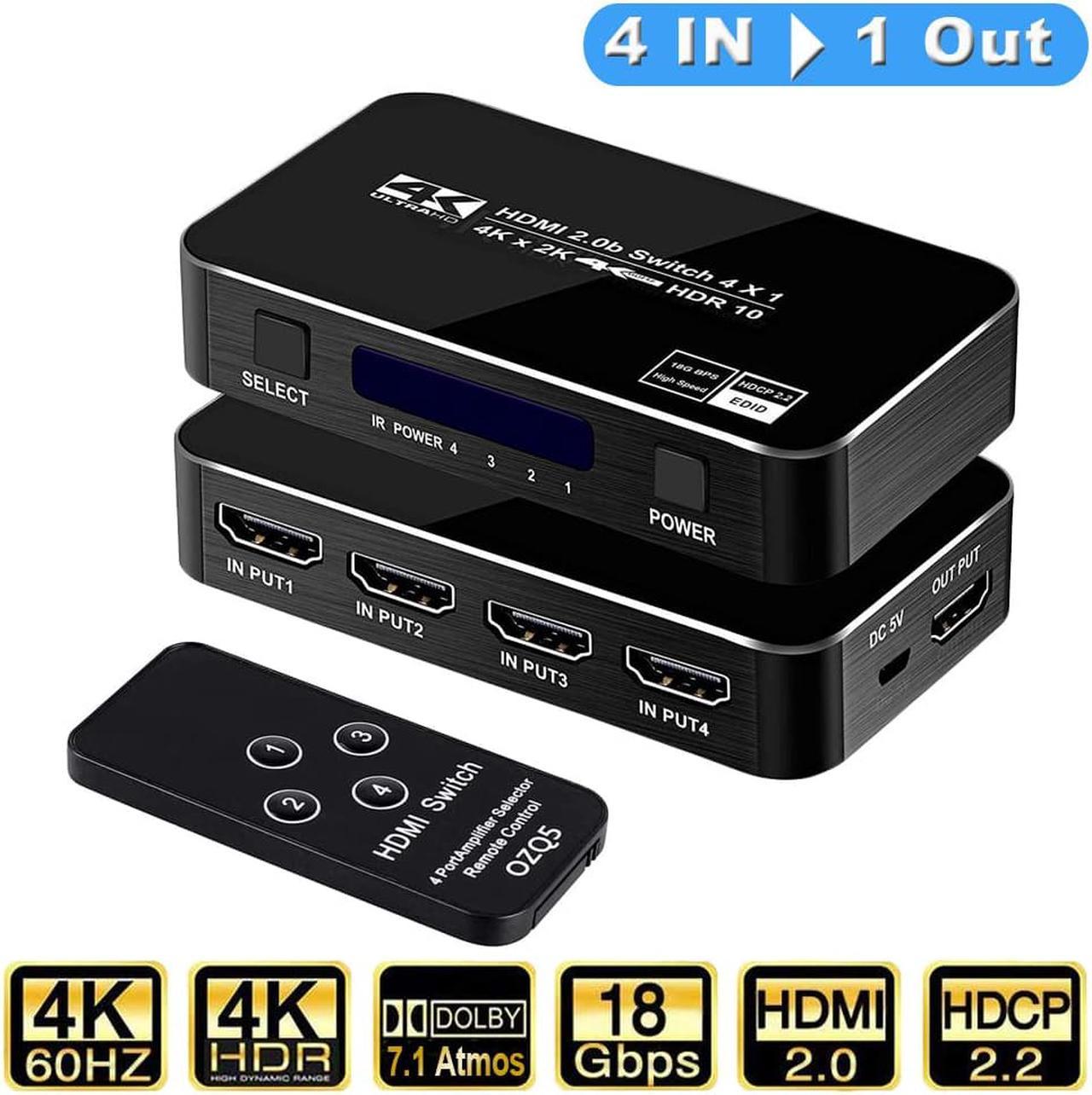 4K@60Hz HDMI Switch 4 in 1 Out w/IR Remote Control, 4 Port Switcher Selector Box for Xbox Nintendo PS5 PS4 TV Fire Stick Roku Supports Ultra HD Dolby Vision, 18.5Gbps, HDR10, HDCP 2.2 & 3D - OZQ5