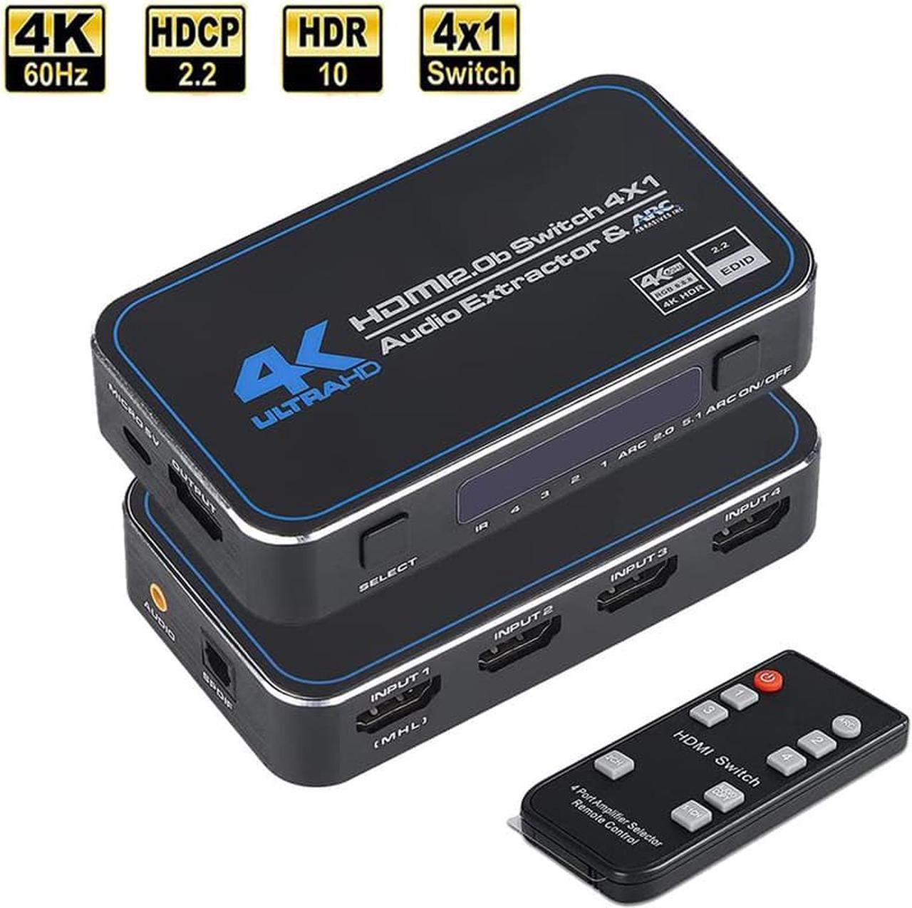 4K@60Hz HDMI Switch 4 in 1 Out w/IR Remote Control, 4 Port Switcher Selector Box Audio Extractor with Optical 3.5mm Stereo Audio Out for Supports Ultra HD Dolby Vision, 18.5Gbps, HDR10, HDCP 2.2 & 3D