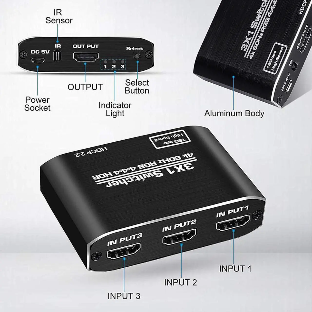 Alt view image 2 of 7 - 4K@60Hz HDMI Switch 3x1, 3 Port HDMI Switcher with IR Wireless Remote Support Auto Switch, HDMI 2.0, HDCP 2.2, HDR, Full HD, 3D - OZQ3-1
