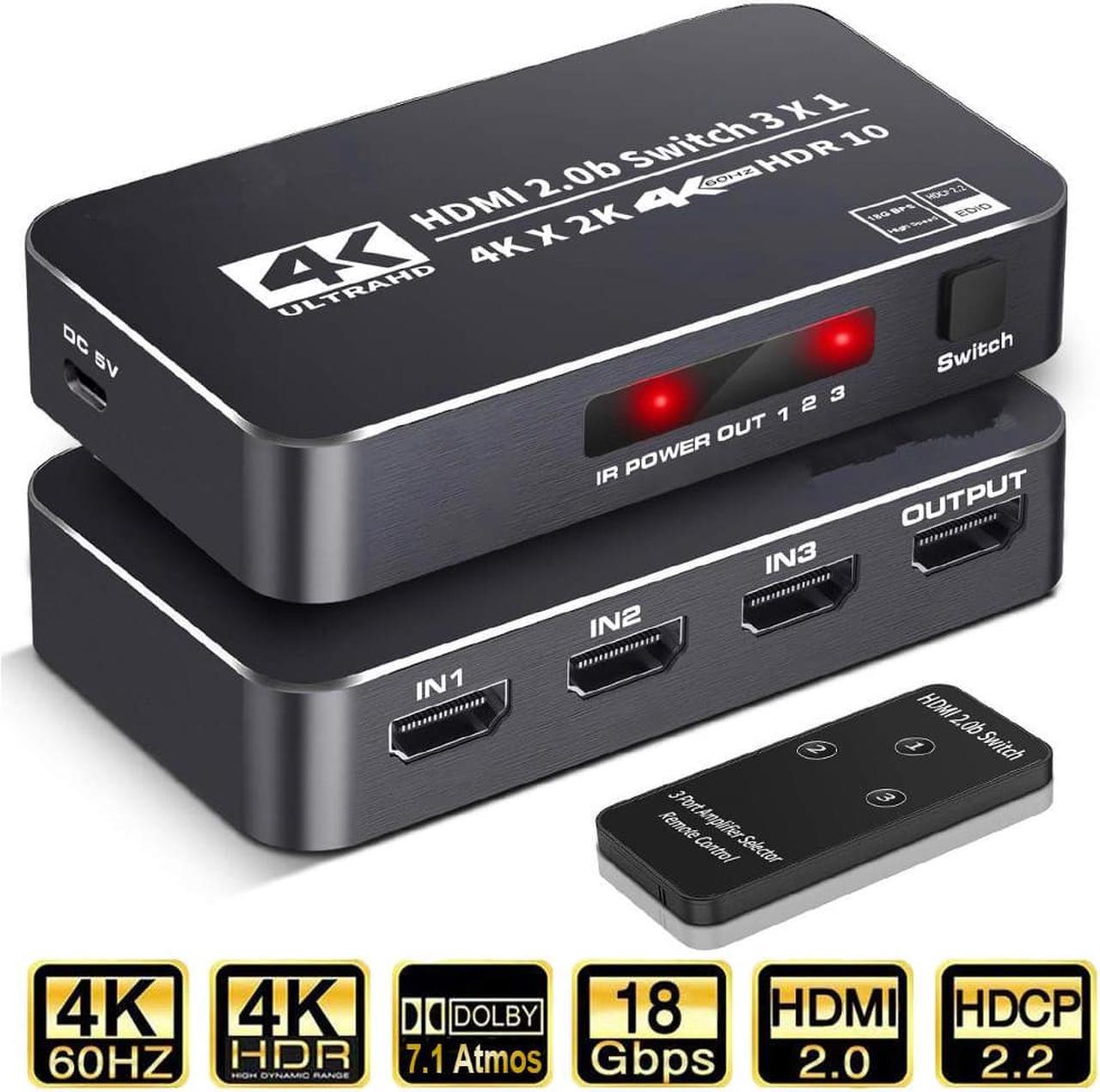 4K@60Hz HDMI Switch 3 in 1 Out w/IR Remote Control, 3 Port Switcher Selector Box for Xbox Nintendo PS5 PS4 TV Fire Stick Roku Supports Ultra HD Dolby Vision, 18.5Gbps, HDR10, HDCP 2.2 & 3D, OZQ2-2