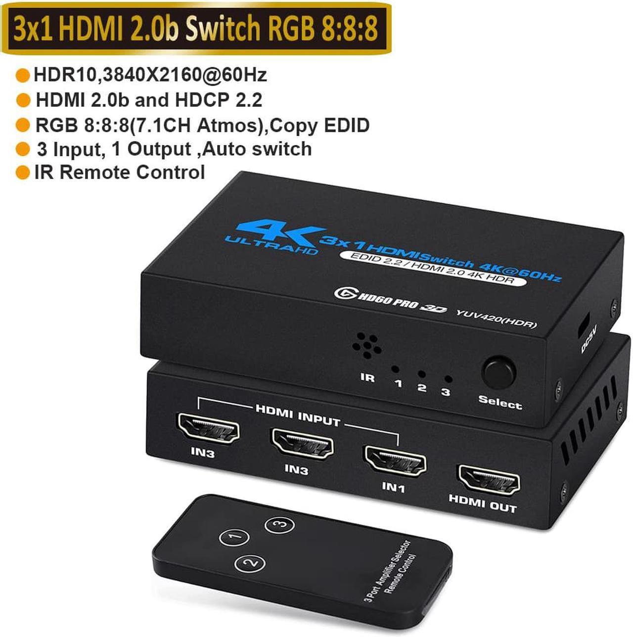 4k HDR 3x1 HDMI Switch with IR Remote Control, 3 Ports HDMI 2.0 Switcher Selector , Supports HDCP 2.2 4K@60Hz UltraHD HDR10 3D HD1080P Dolby DST, HDMI Splitter for PS4 Xbox Apple TV Fire Stick, OZQ2-1