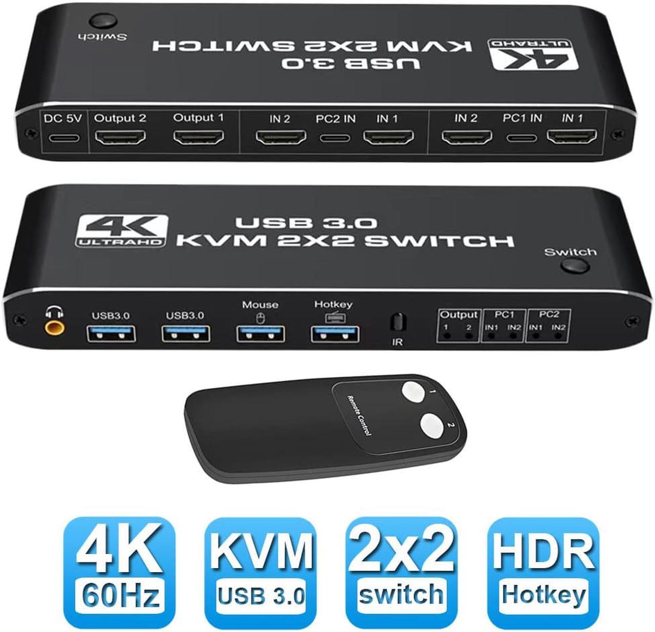 4K@60Hz HDMI2.0b KVM Switch 2 Computers Dual Monitor, 2 in 2 Out 2 Port Type-C HDMI KVM Switch with 4K HDMI, 2xUSB 3.0, Keyboard Mouse, for MacBook, USB-C HDMI PC