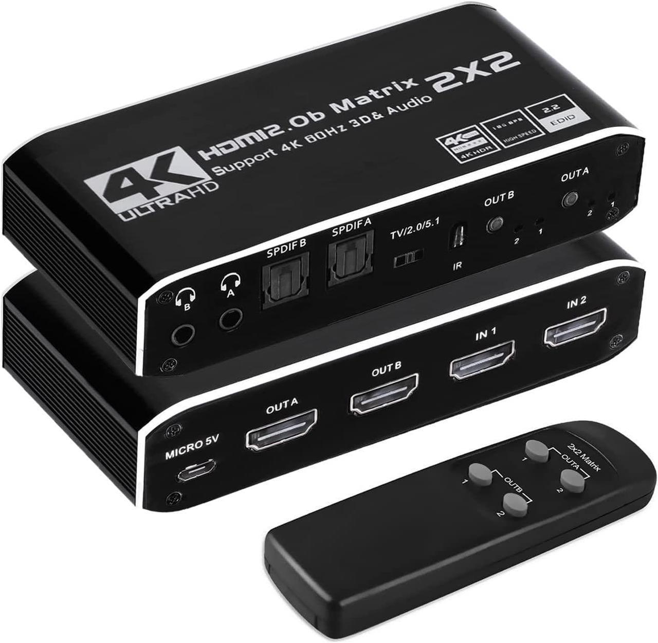 2x2 HDMI Matrix, 4K@60Hz 2 in 2 Out HDMI Switch Splitter with IR Remote, HDMI Matrix Switch + 2xOptical + 2x3.5mm Audio Output, Support HDMI2.0, HDCP2.2, Auto Downscaler, 3D, Audio Extractor