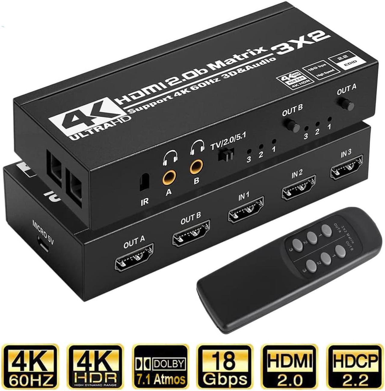 HDMI Matrix 3x2 , 4K HDMI Matrix Switch 3 in 2 Out Switcher Splitter Box with 2xSPDIF Audio, 2x3.5mm L/R Audio and IR Remote Control, Support Ultra 4K HDR,4Kx2K@60Hz, 3D, 1080PHDMI 2.0b, HDCP 2.2