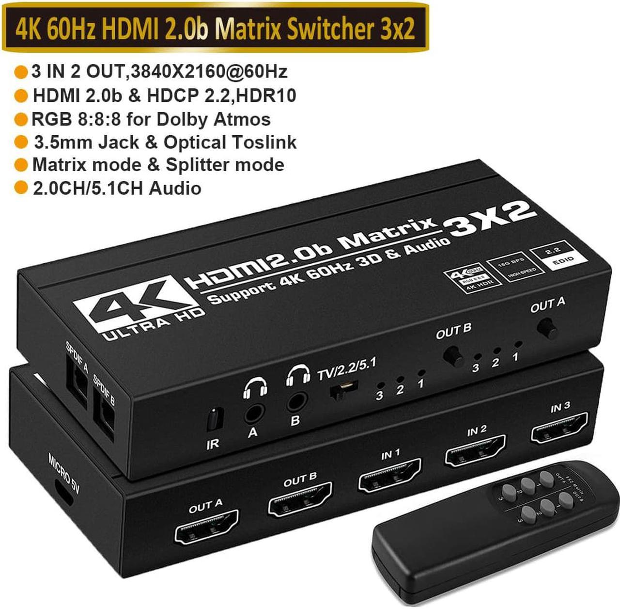 4K HDMI Matrix Switch 3 X 2 ,3 in 2 Out Video Switcher Splitter, 2xOptical SPDIF and 2x3.5mm L/R Audio Output with IR Remote Controller,Support 4K@60Hz 3D 18.5Gbps, HDMI 2.0b, HDCP 2.2,HDR10