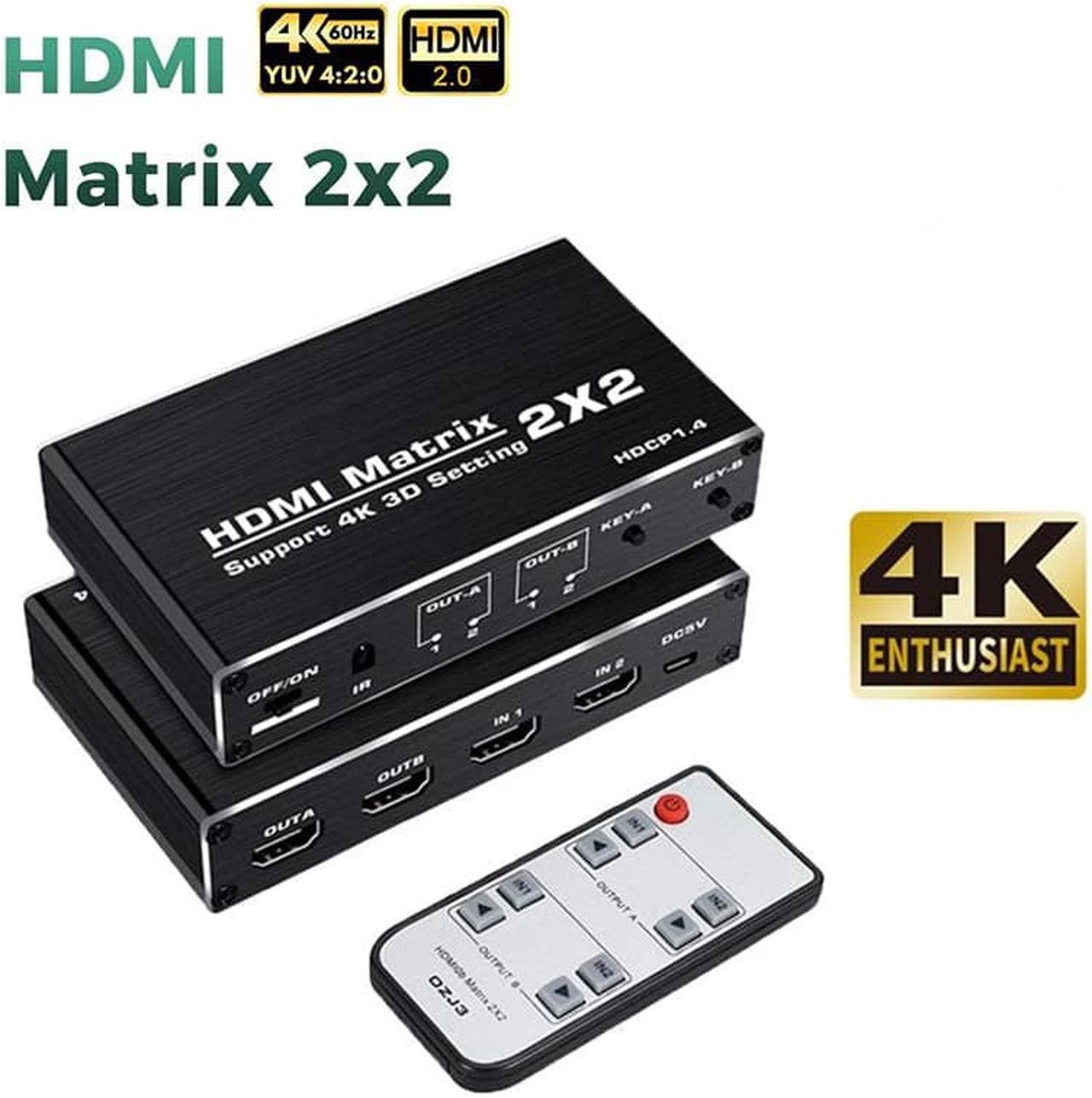 LUOM 4K@60Hz HDMI Matrix Switch Splitter 2 in 2 Out with Remote, 2x2 HDMI Splitter Switcher 4K Support 4K,3D, 1080p,HDCP1.4, HDR,YUV 4:2:0 for PS4,Xbox,Fire Stick,etc (OZJ3)