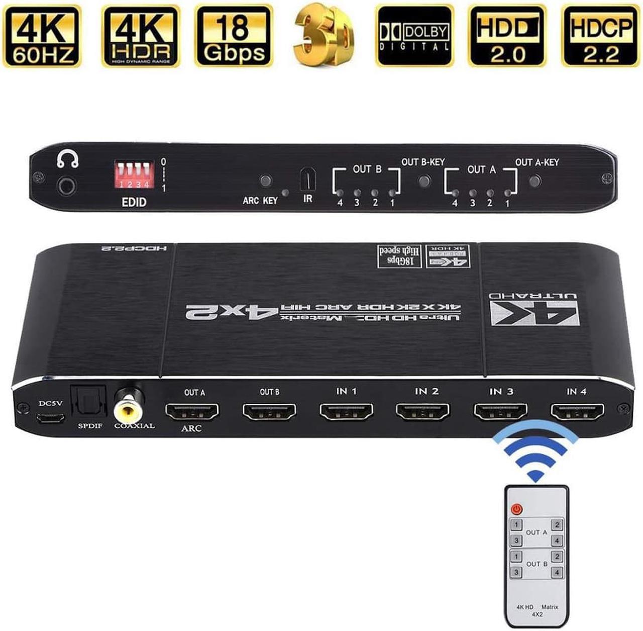 LUOM HDMI Matrix Switch 4x2 4K@60Hz 4:4:4 HDR ARC/SPDIF 5.1CH, Coaxial, 3.5mm Stereo Audio,  HDCP 2.2 18Gbps, Matrix Splitter 4 in 2 Out with EDID Extractor and Remote Control