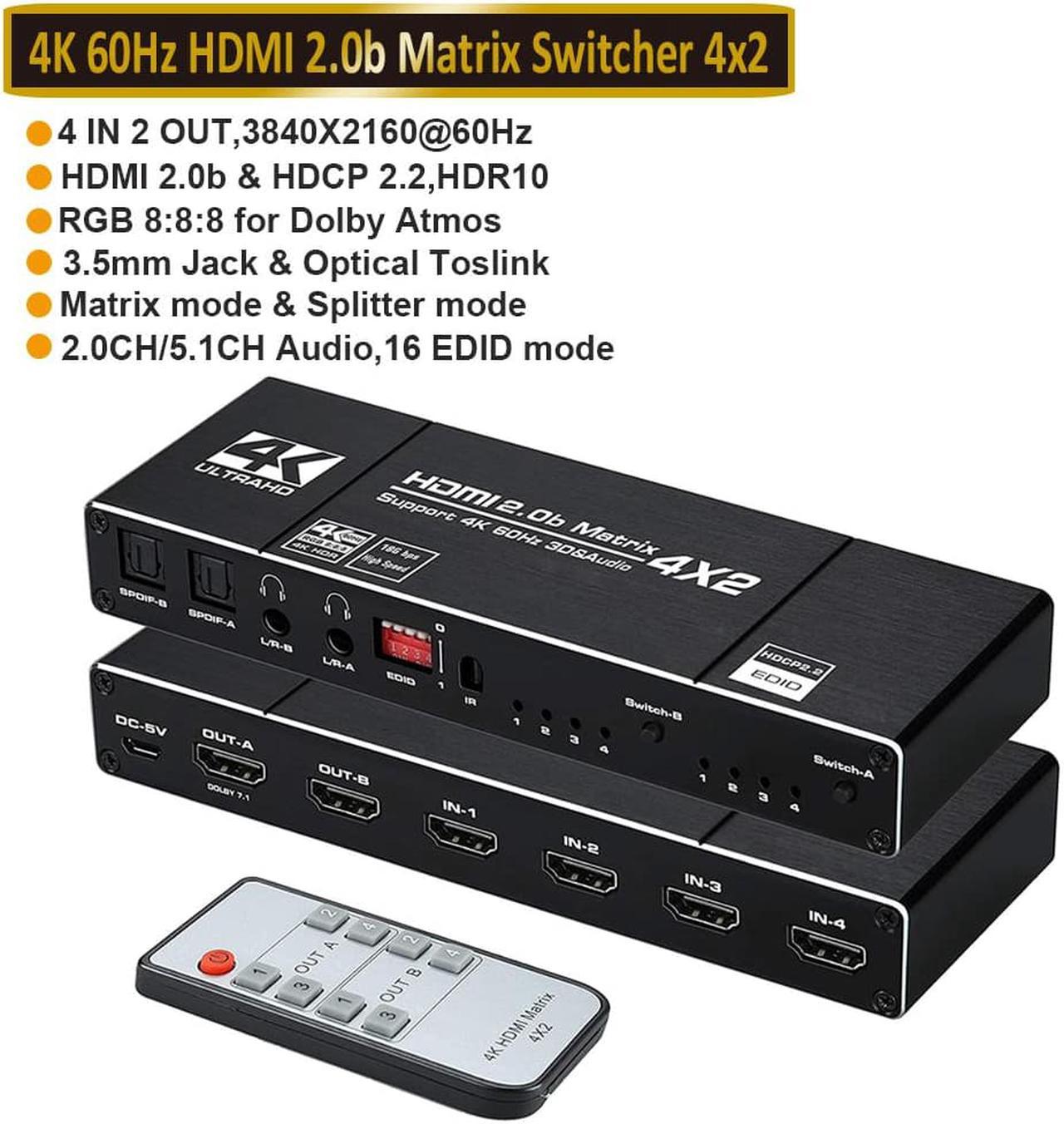 LUOM 4x2 HDMI Matrix, 4K@60Hz 4 in 2 Out HDMI Switch Splitter with IR Remote, HDMI Matrix Switch + 2xOptical + 2x3.5mm Audio Output, Support HDMI2.0, HDCP2.2, Auto Downscaler, 3D, Audio Extractor