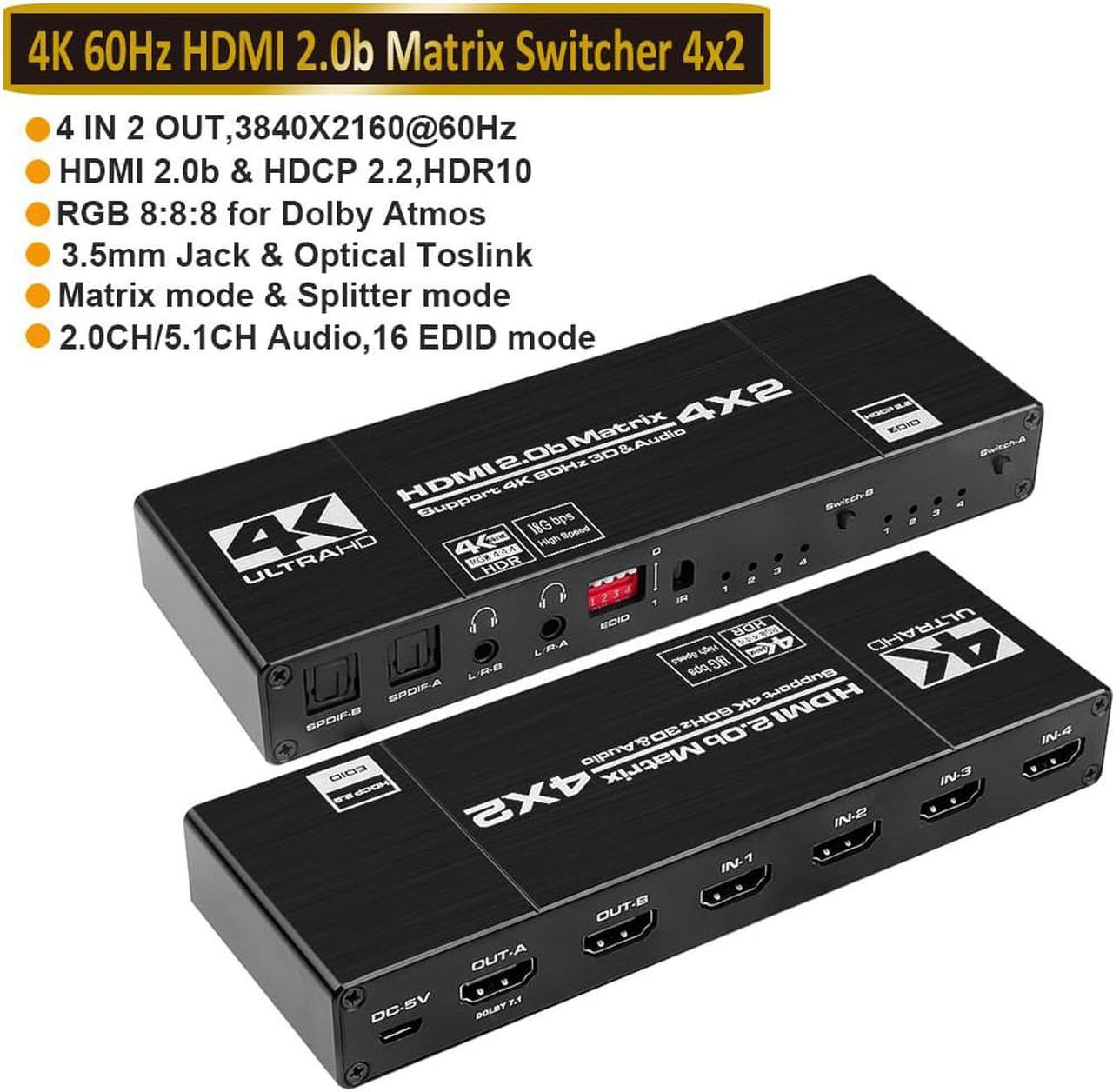 LUOM 4x2 HDMI Matrix Switch 4K - 4K 60Hz RGB 8:8:8(Dolby ATMOS), 18Gbps, HDR10, Control via Remote, 2xSPDIF Audio, 2x3.5mm L/R Audio Audio Extractor, 4 in 2 Out Video Matrix Switch (OZJ1-1)