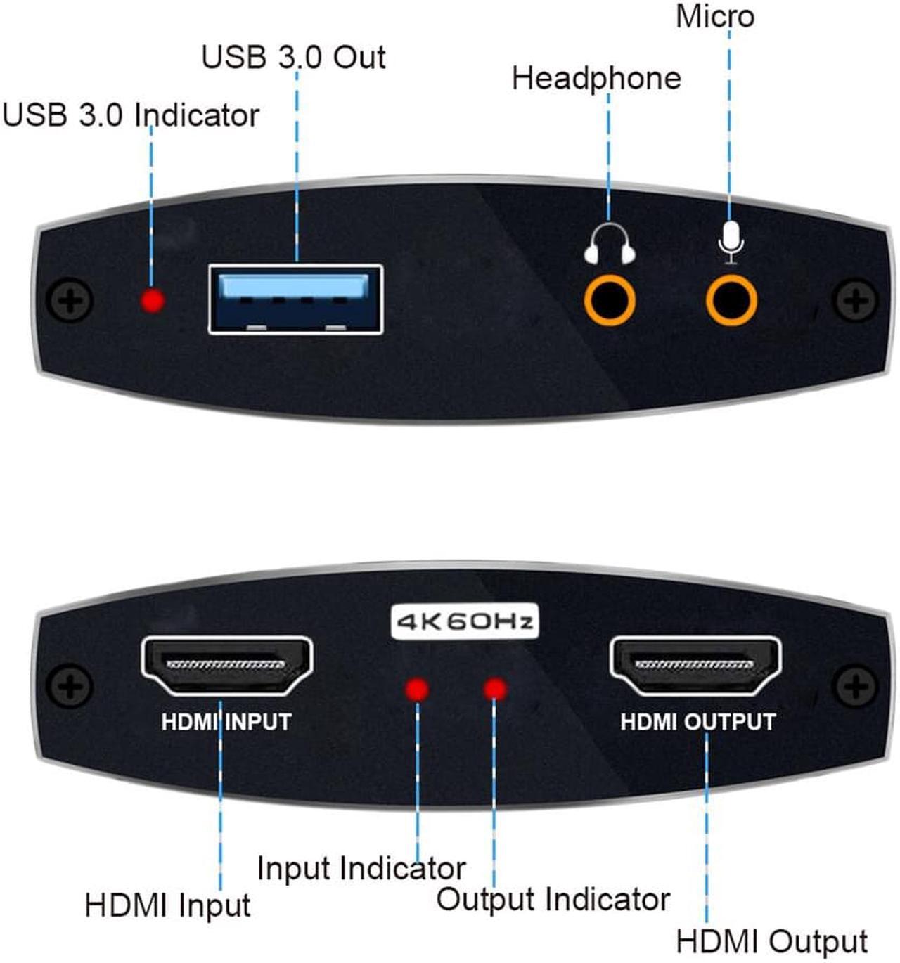 Alt view image 2 of 7 - 4K@60Hz HDMI-Compatible Video Capture Card Live Recording Box 4K HDMI to USB3.0/Type-C Video Card with Mic & 3.5mm Audio for Game Live Streaming for PS4 Computer Phones