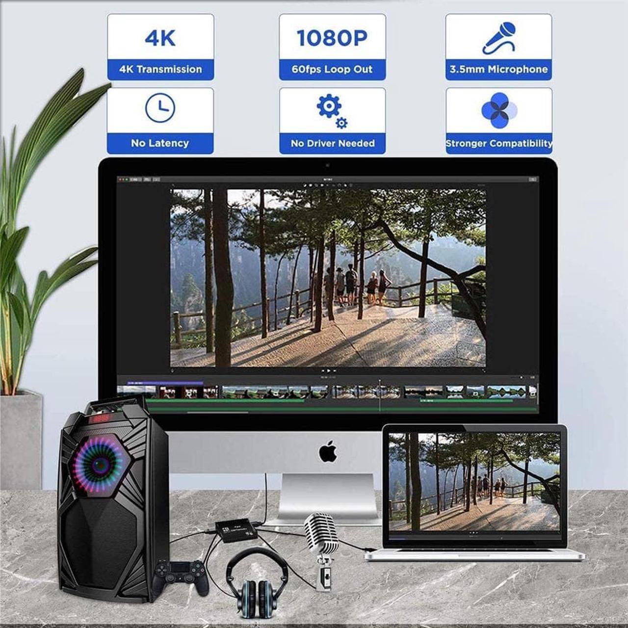 Alt view image 5 of 7 - 4K@60Hz HDMI-Compatible Video Capture Card Live Recording Box 4K HDMI to USB3.0/Type-C Video Card with Mic & 3.5mm Audio for Game Live Streaming for PS4 Computer Phones