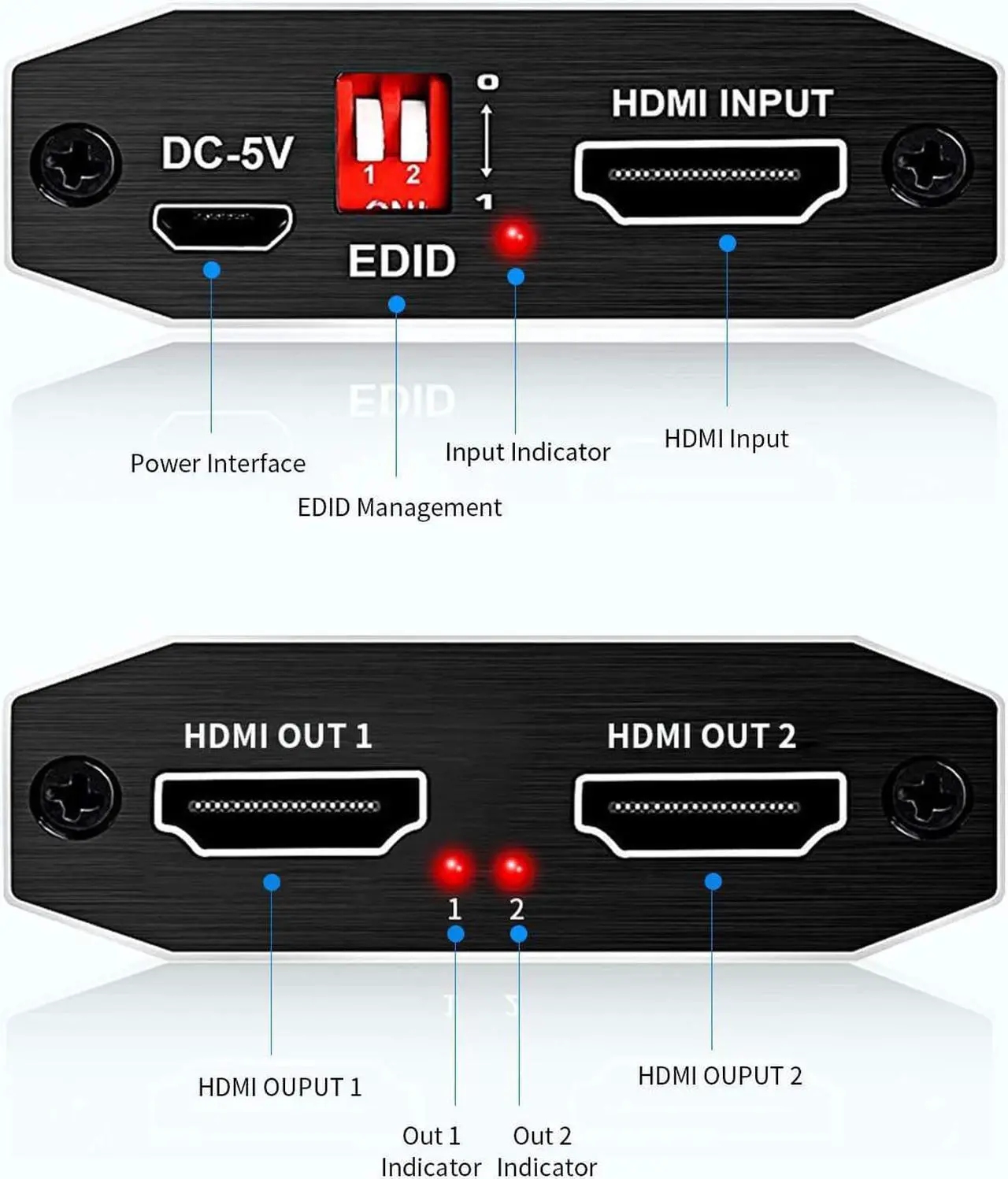 Alt view image 3 of 7 - HDMI Switch 4Kx2K@60Hz, HDMI Splitter 1 in 2 Out, with 4 kinds of EDID mode, Supports HDCP2.2, HDMI2.0b, EDID, 3D, RGB 4:4:4 Work for HDTV, Xbox, PS5/4/3, Blu-Ray Player, DVD, DVR