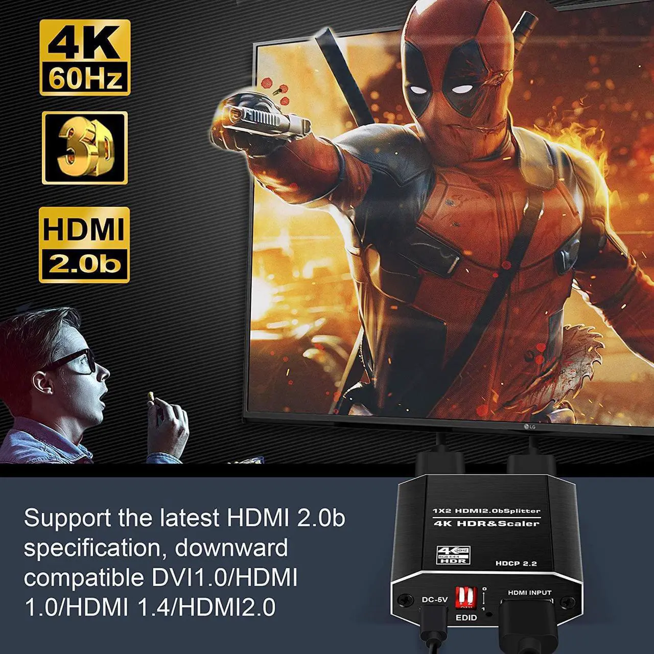 Alt view image 4 of 7 - HDMI Switch 4Kx2K@60Hz, HDMI Splitter 1 in 2 Out, with 4 kinds of EDID mode, Supports HDCP2.2, HDMI2.0b, EDID, 3D, RGB 4:4:4 Work for HDTV, Xbox, PS5/4/3, Blu-Ray Player, DVD, DVR