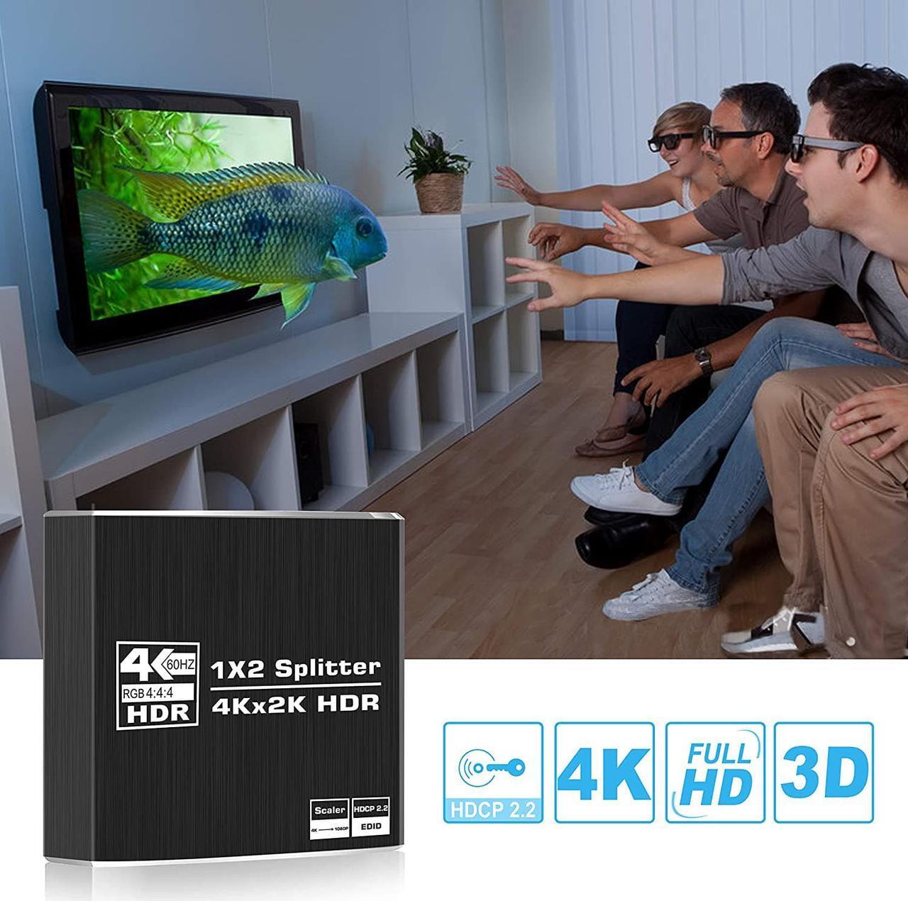 Alt view image 5 of 7 - 4K@60Hz HDMI Splitter 1 in 2 Out, 2 Port HDMI Splitter EDID, HDMI Switch Box Hub Support UltraHD, HDR 10, 4K 3D 1080P, for PS4 Xbox DVD Player Fire Stick Apple TV PC