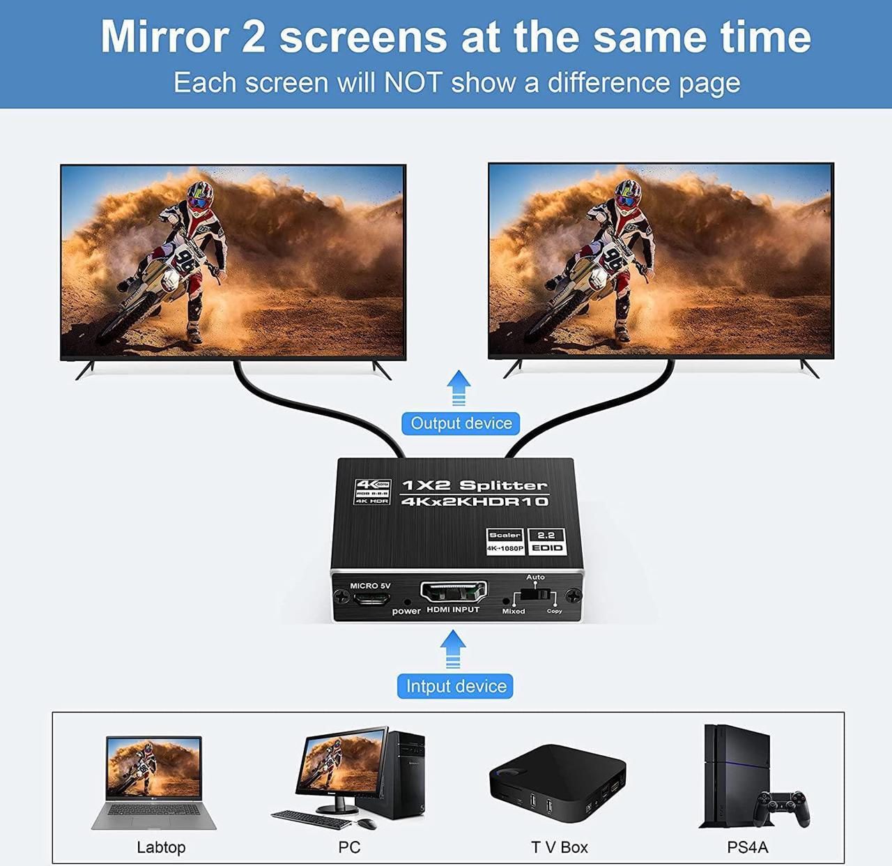 Alt view image 2 of 7 - 4K@60Hz HDMI Splitter 1 in 2 Out, 2 Port HDMI Splitter EDID, HDMI Switch Box Hub Support UltraHD, HDR 10, 4K 3D 1080P, for PS4 Xbox DVD Player Fire Stick Apple TV PC