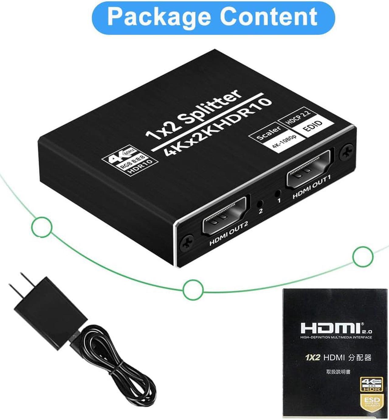 Alt view image 7 of 7 - 4K@60Hz HDMI Splitter 1 in 2 Out, 2 Port HDMI Splitter EDID, HDMI Switch Box Hub Support UltraHD, HDR 10, 4K 3D 1080P, for PS4 Xbox DVD Player Fire Stick Apple TV PC