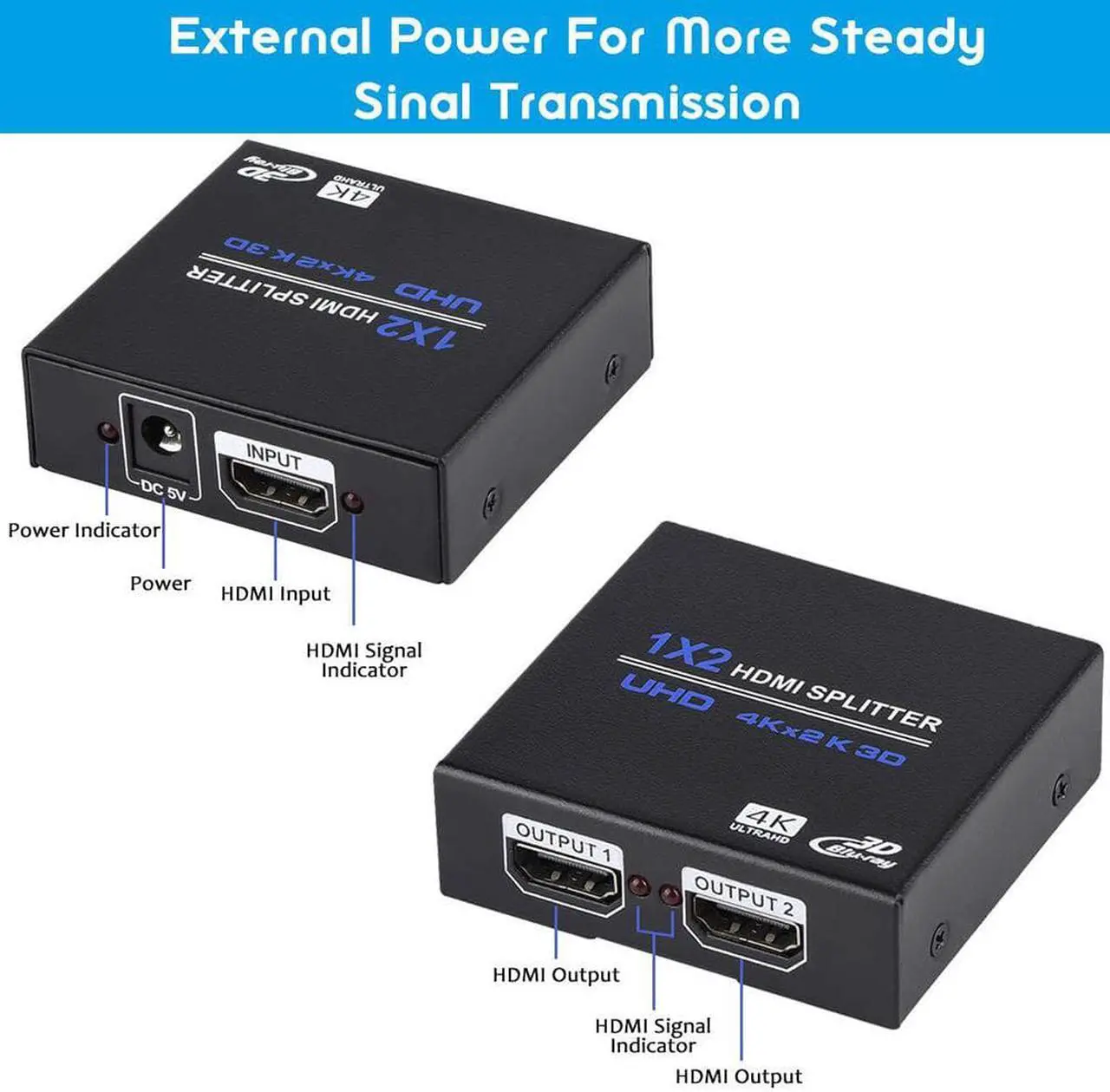Alt view image 2 of 7 - HDMI Splitter 1 in 2 Out V1.4b Powered HDMI Video Splitter with AC Adaptor Duplicate/Mirror Screen Monitor Supports Ultra HD 1080P 2K x4K@30Hz and 3D Resolutions (1 Input to 2 Outputs)