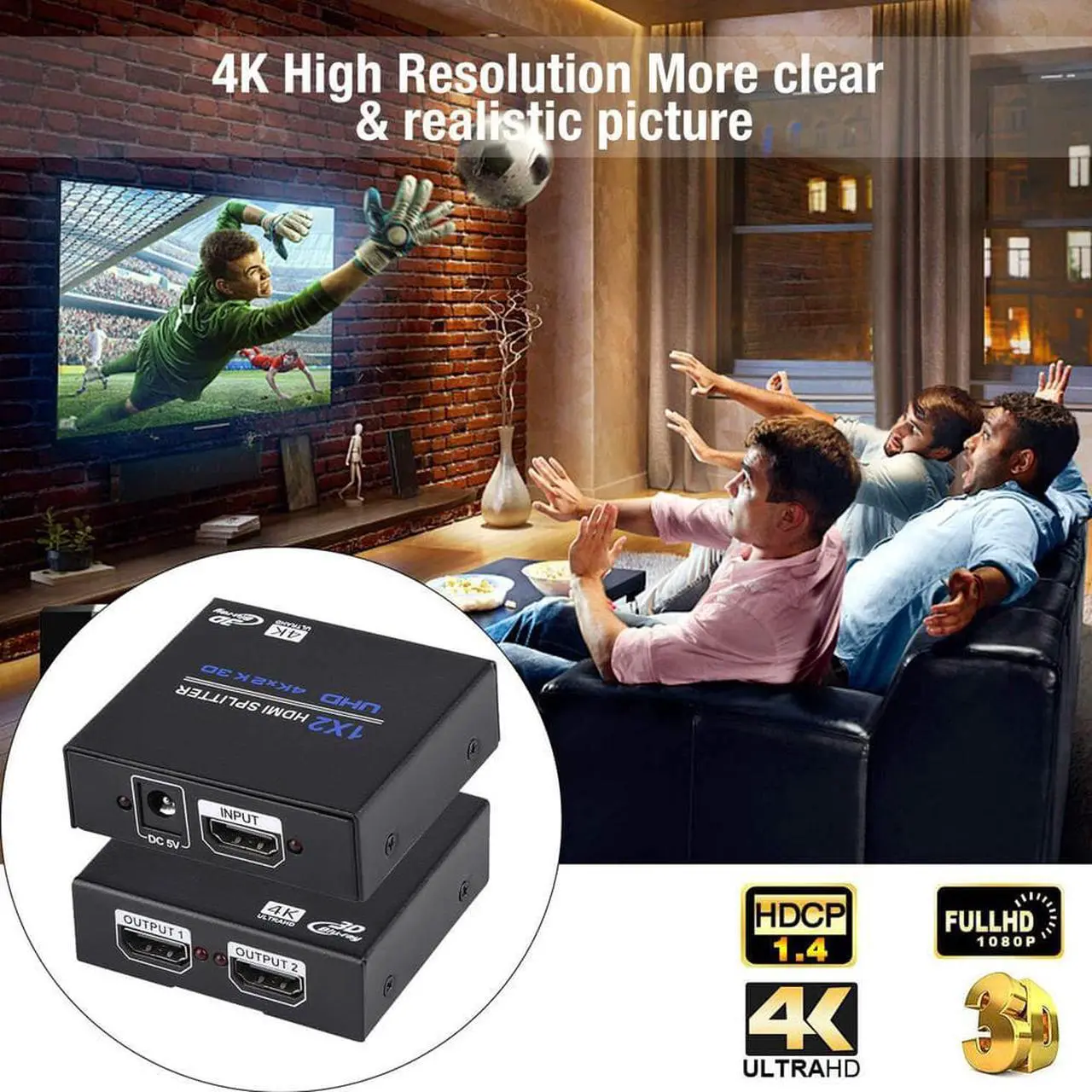 Alt view image 5 of 7 - HDMI Splitter 1 in 2 Out V1.4b Powered HDMI Video Splitter with AC Adaptor Duplicate/Mirror Screen Monitor Supports Ultra HD 1080P 2K x4K@30Hz and 3D Resolutions (1 Input to 2 Outputs)