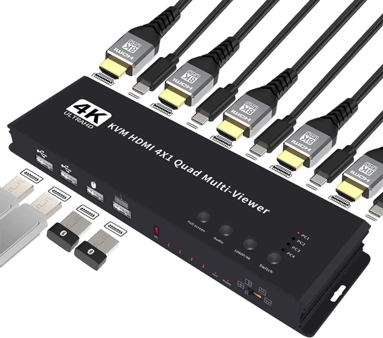 HDMI KVM Multi-Viewer Switch 4x1, HDMI Quad Seamless Switcher 4 in 1 Out Support 4K@30Hz & 5 Display Mode, Split Screen for TV/PC/STB/DVD with IR Remote for Security Camera, PS4, Laptop, Monitor