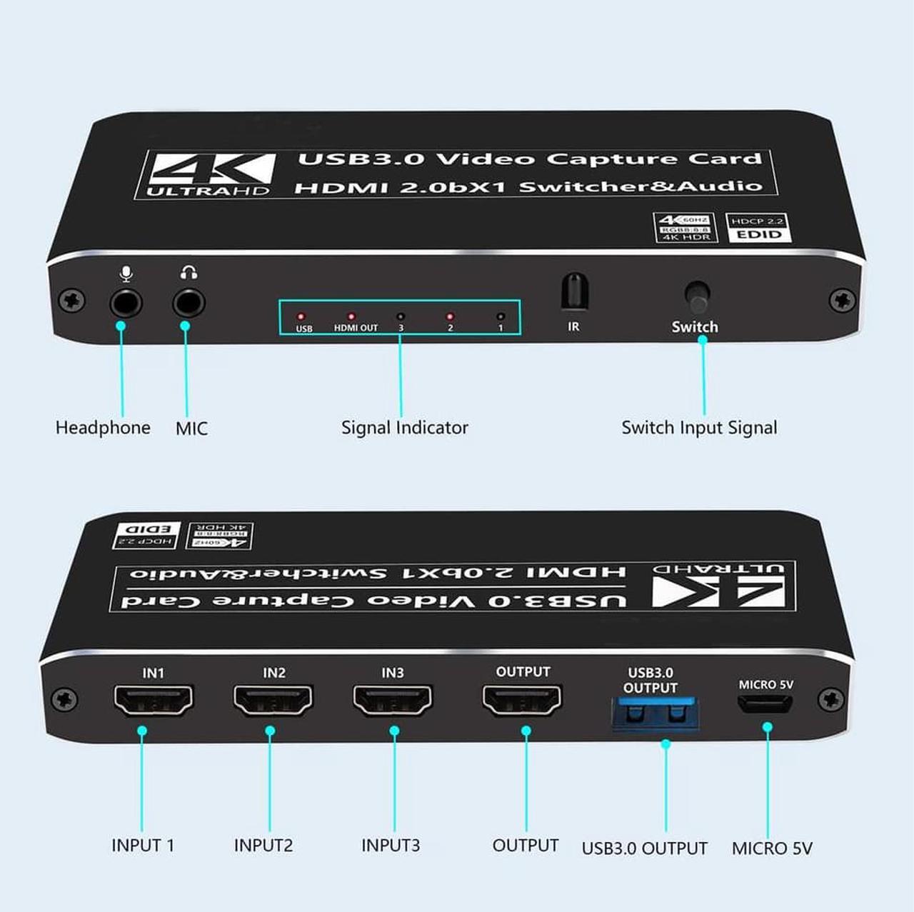 Alt view image 2 of 7 - 4K@60Hz 3X1 HDMI Video Capture Card with Mic & 3.5mm Audio 4K 60fps Board Game Capture Card USB3.0/Type-C Recorder Box Device for Live Streaming Video Recording Loop Out