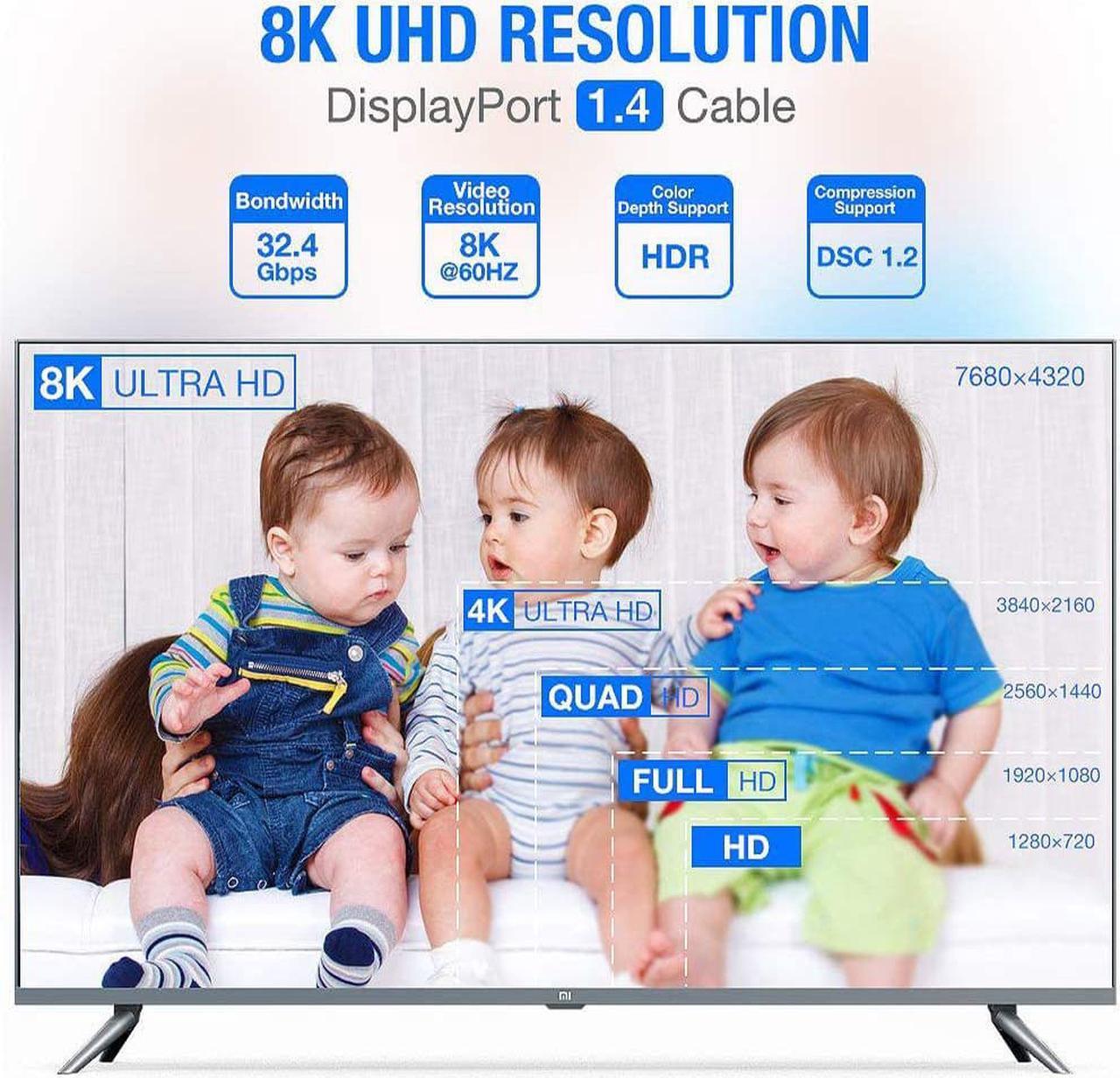 Alt view image 3 of 7 - 8K DisplayPort 1.4 Cable 3.3Feet, DP Cord (8K@60Hz 4K@144Hz 1080P@240Hz 2K 32.4Gbps) HBR3 HDCP HDR,FreeSync G-Sync,Braided Display Port for Laptop/PC/TV/Gaming Monitor, Black