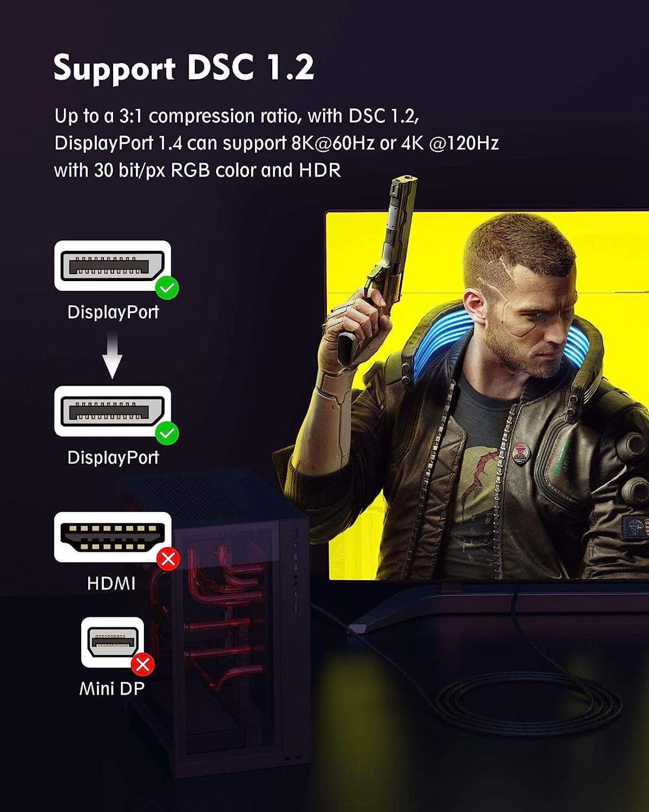 Alt view image 4 of 7 - 8K DisplayPort 1.4 Cable 3.3Feet, DP Cord (8K@60Hz 4K@144Hz 1080P@240Hz 2K 32.4Gbps) HBR3 HDCP HDR,FreeSync G-Sync,Braided Display Port for Laptop/PC/TV/Gaming Monitor, Black