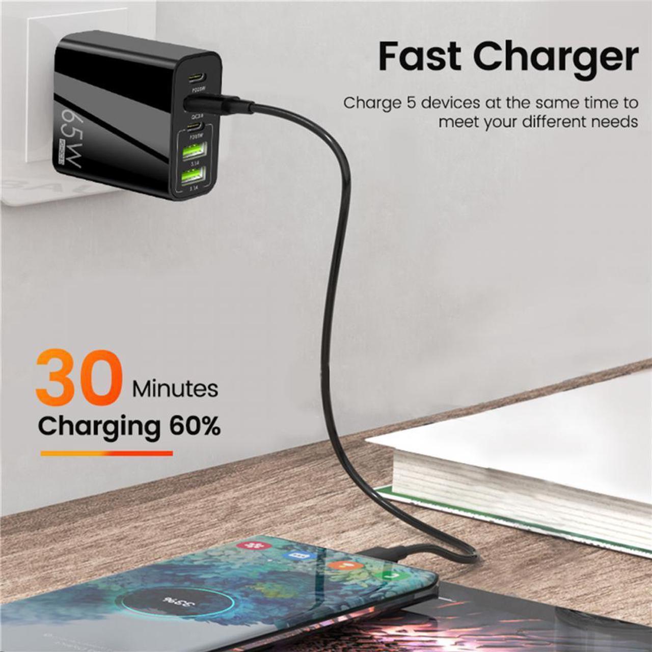 Alt view image 3 of 7 - 5 Port  USB Type C Charger, 65W Fast Wall Charger, PD 3.0 Type C Charging Block Travel GaN Charger Adapter for iPhone Pro, Samsung, MacBook Pro/Air, iPad, Laptops, Dell XPS 13 - Black