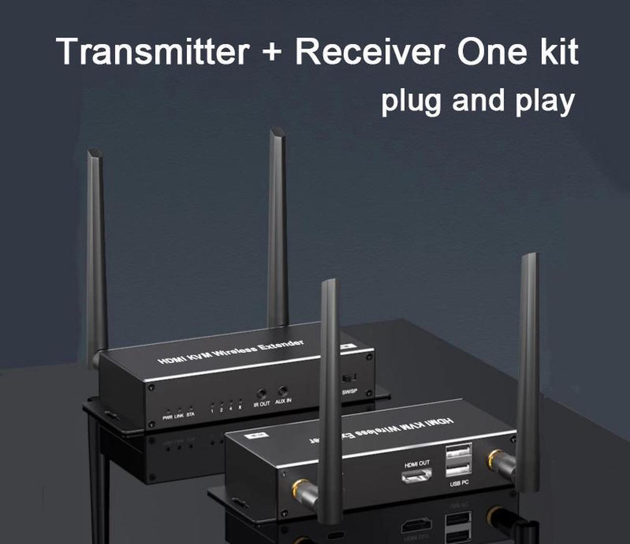 5G Wireless HDMI KVM Extender Kit  Up to 656ft (200m) at 1080p@60Hz, Supports Dual Antenna, Long Range, 5GHz Frequency, HDMI Loopout, IR Extension, AUX Audio for Laptop, Church, Home, Office