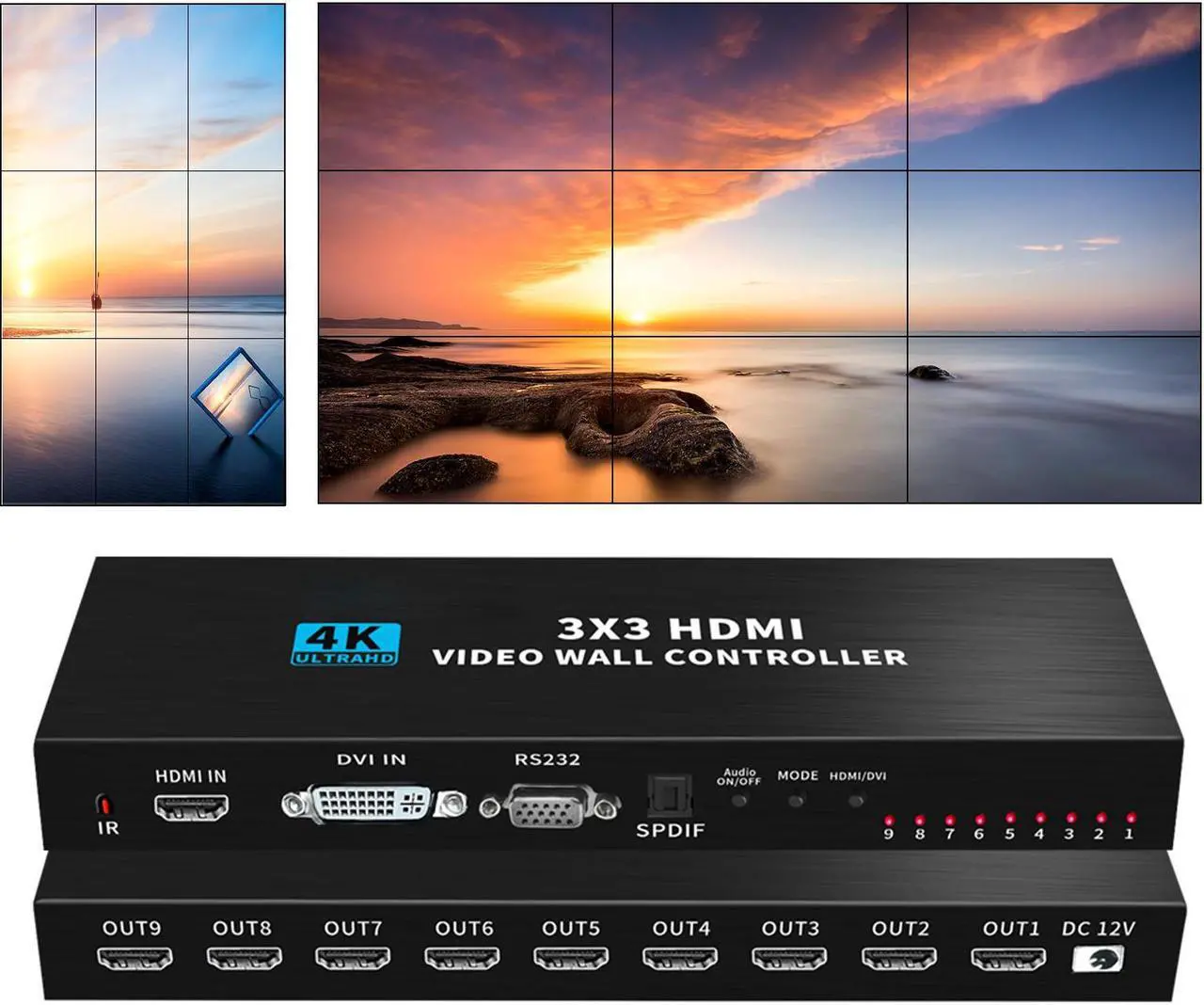 Main image of 1 in 9 Out HDMI Video Wall Controller 3x3 4K HDMI Video Image Processor1 HDMI/DVI Input 9 HDMI Output, 13 Modes,1x1,1x2, 1x3, 1x4, 2x1, 2x2, 2x3, 2x4, 3x1, 3x2, 3x3, 4x1, 4x2, Support 180º Rotation