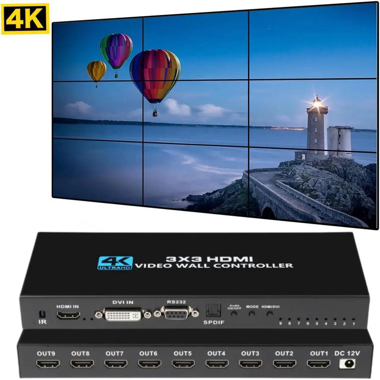 Main image of 4K Video Wall Controller 1x1,1x2, 1x3, 1x4, 2x1, 2x2, 2x3, 2x4, 3x1, 3x2, 3x3, 4x1, 4x2 TV Wall Processor for 9 TV Splicing Display Support 3840x2160@30Hz HDMI Inputs and Rotate 180 Degree