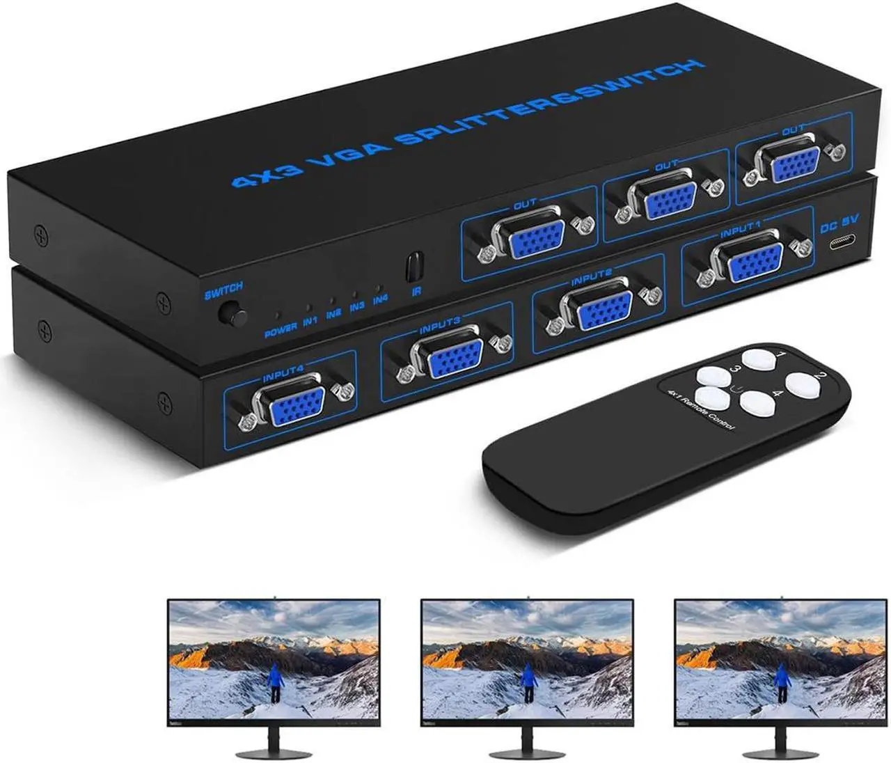 Main image of VGA Splitter 4 in 3 Out Duplication Screen Supports High Resolution up to 1920x1080 for Laptop PC to Monitor ( 4x3 VGA Switch Video Selector Switcher Box )