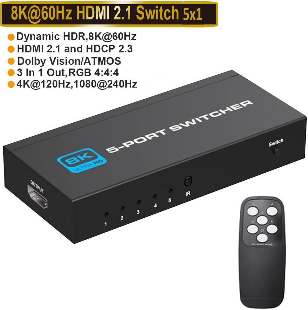 8K@60Hz HDMI Switch 5 in 1 Out w/IR Remote Control, 5 Port Switcher Selector Box for Xbox Nintendo PS5 PS4 TV Fire Stick Supports Ultra HD Dolby Vision, 48Gbps, HDR10, HDCP 2.3 & 3D - OZ8Q5