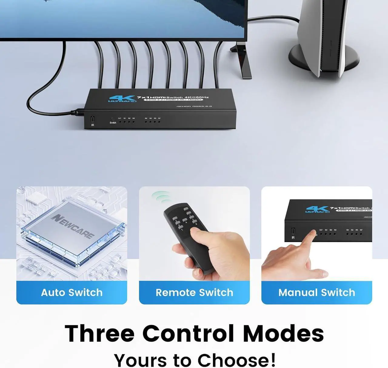 Alt view image 3 of 7 - HDMI Switch 4K 60Hz HDMI Splitter- HDMI Switcher Splitter 7 Input 1 Output, Support 4K 3D 1080P for Xbox PS4 HDTV Fire Stick Blu Ray(IR Remote)