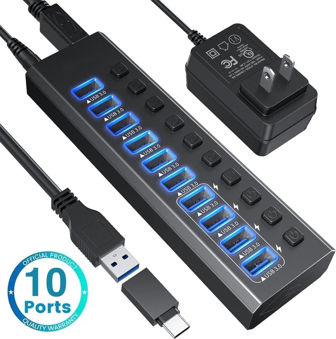 USB-A Hub, 10 Ports Super High Speed USB 3.0 Hub Splitter with 4*USB 3.0 Smart Charging, Black Smart Fast Charger Powered USB Hub for Laptop, Mac, PC, Mobile HDD, Mulitple Devices