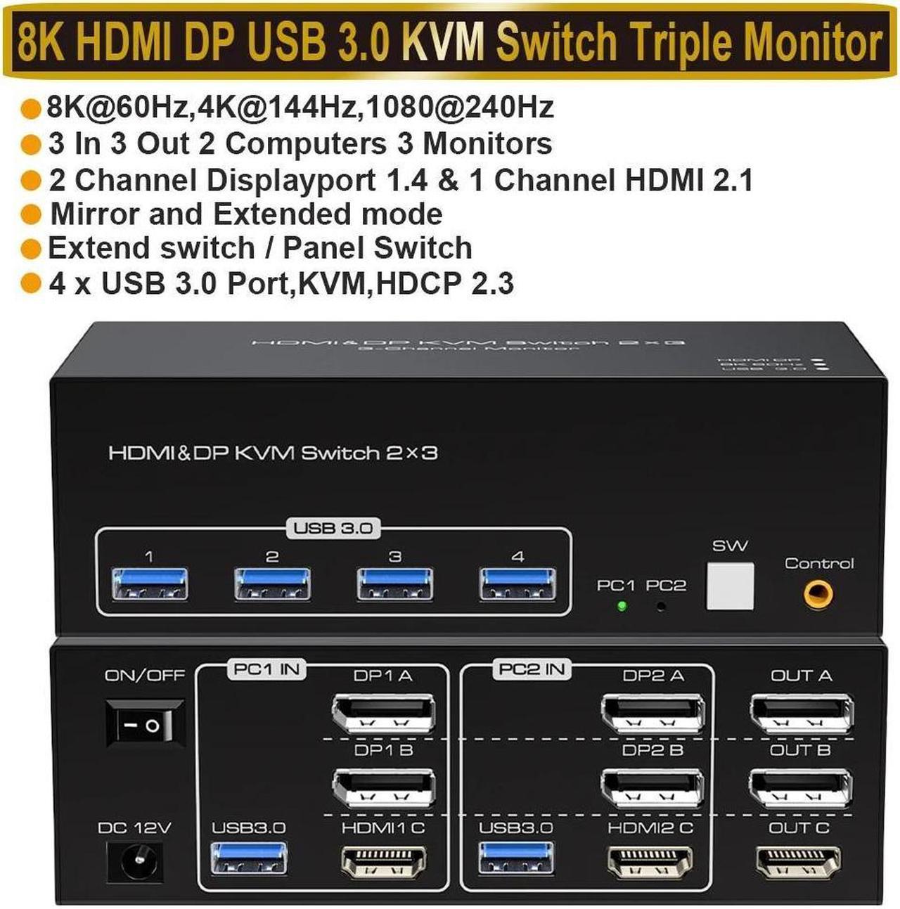 HDMI+2 Displayport KVM Switch 3 Monitors 2 Computers, with 4 USB 3.0 Hub, 8K@60Hz Ultra HD Resolution, Triple Monitor 2DP+HDMI KVM Switch DP1.4 HDMI2.1Via Button Switch, Plug and Play