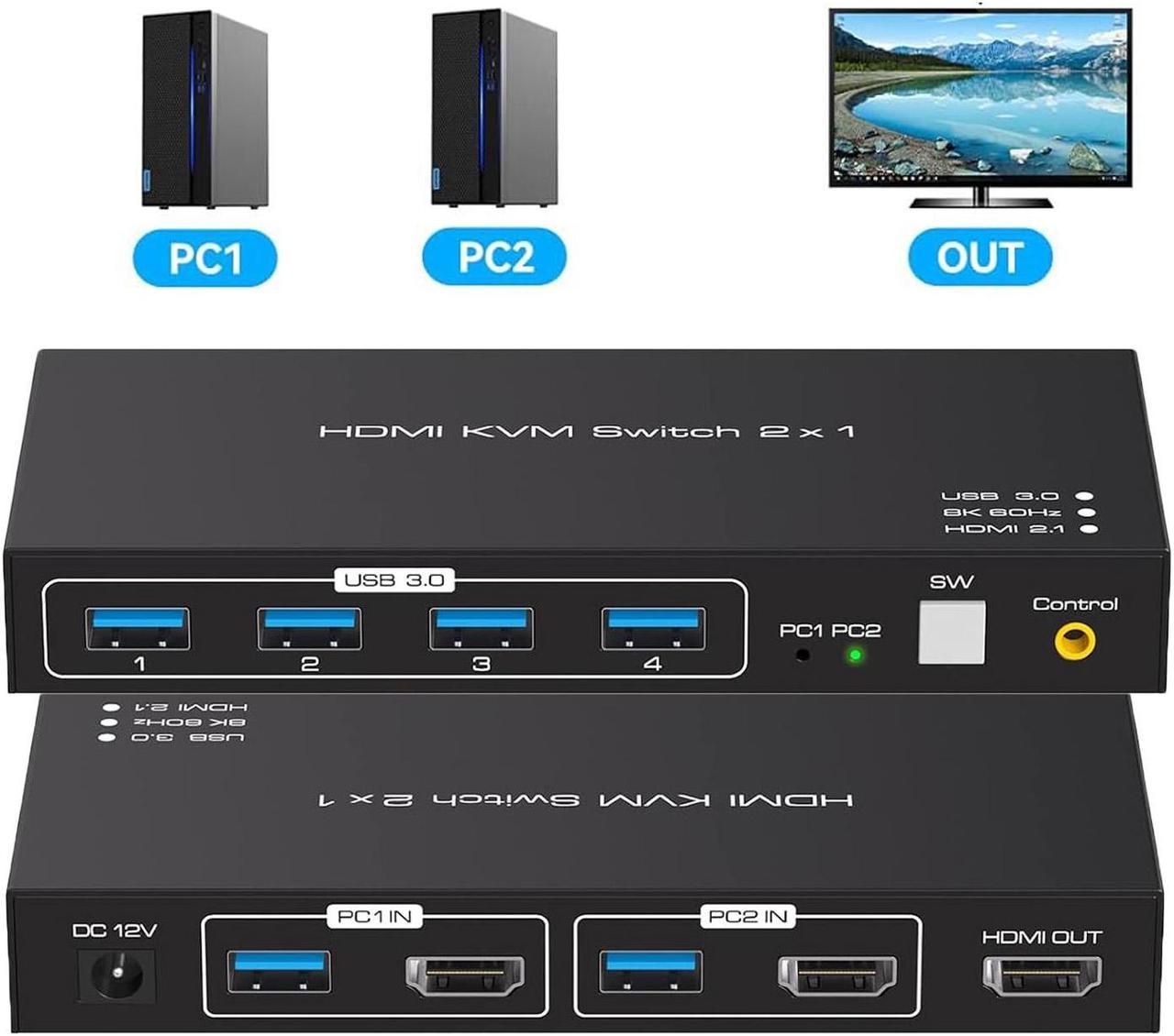 HDMI USB 3.0 Monitor KVM Switch HDMI 8K@60Hz,4K@120Hz, HDMI Extended Display Switcher for 2 Computers Share 1 Monitors and 4 USB 3.0 Ports,Wired Controller and 2 Cables Included