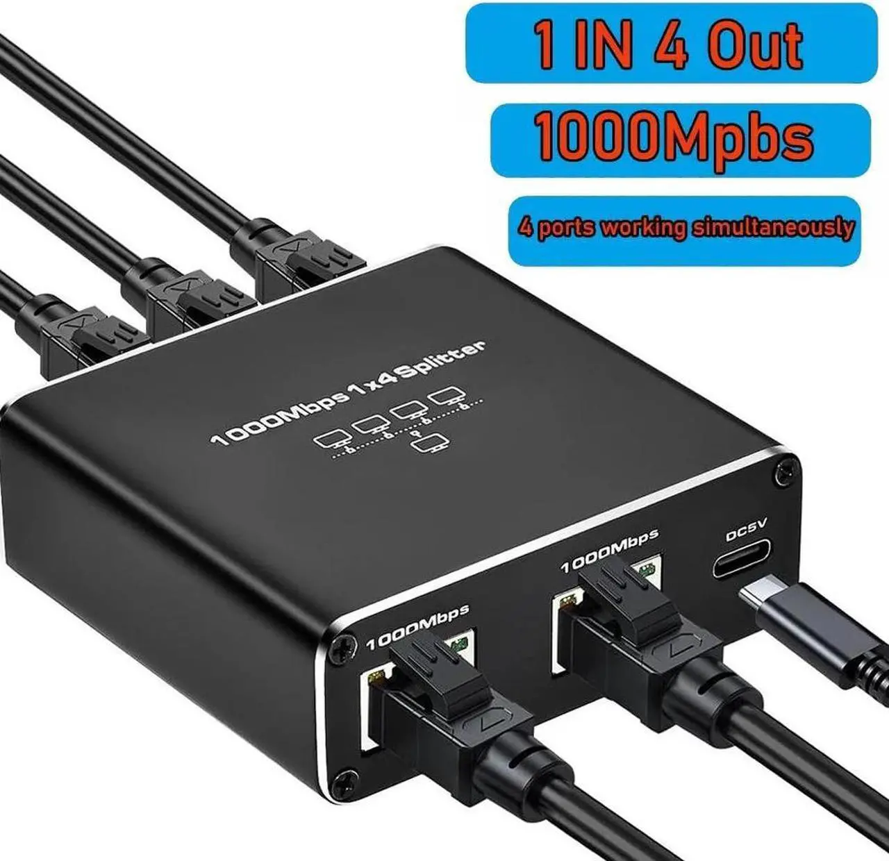 Ethernet Splitter 1 to 4 RJ45 Network Adapter, Suitable Super Cat5/5e/6 ...