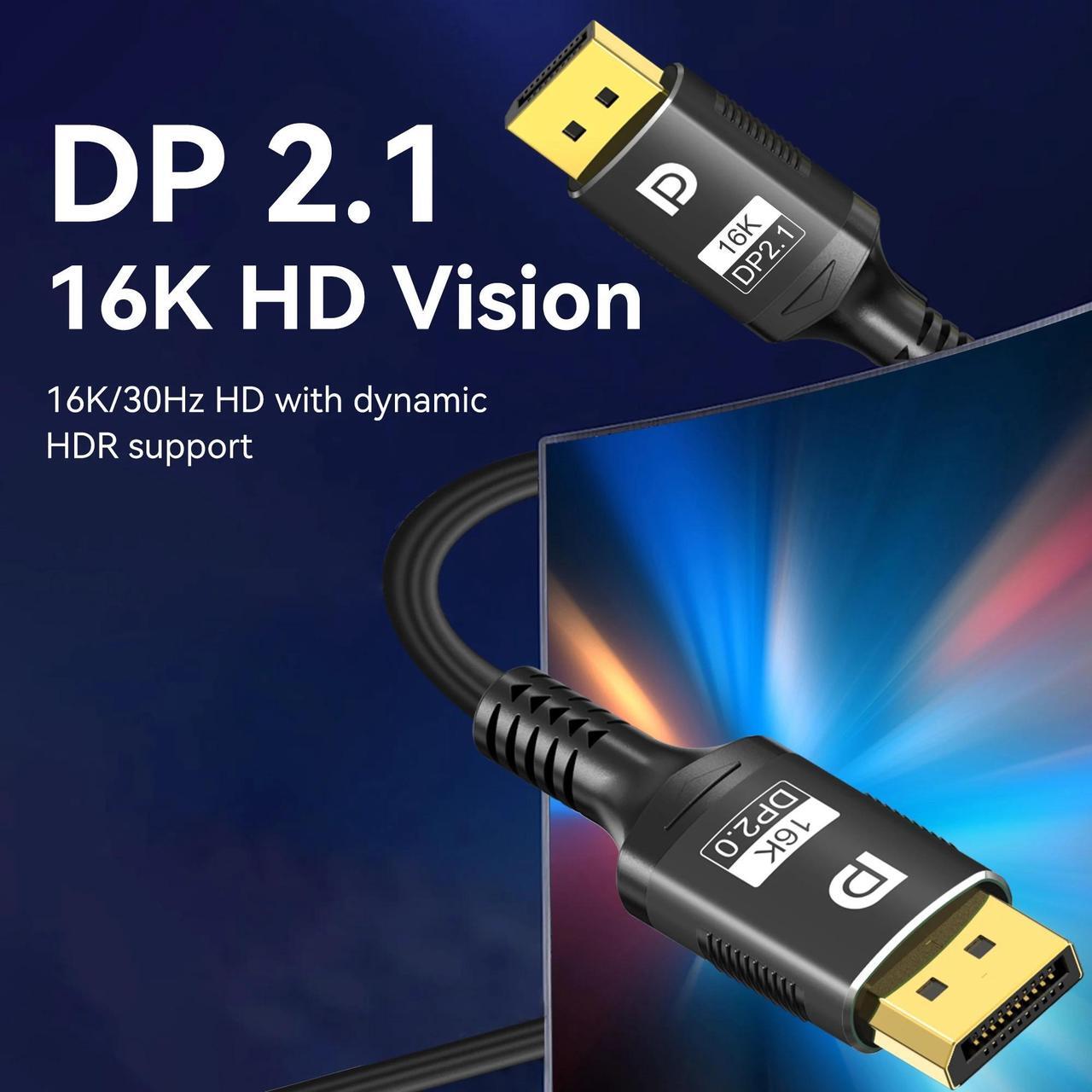Alt view image 2 of 7 - DisplayPort 2.1 Cable 10ft, 16K DP 2.1 Cable Supports 80Gbps, 16K@30Hz, 8K@60Hz/120Hz, 4K@240Hz/165Hz, 2K@360Hz HDR, HDCP2.2, 3D, ARC for Laptop/PC/TV/Gaming Monitor